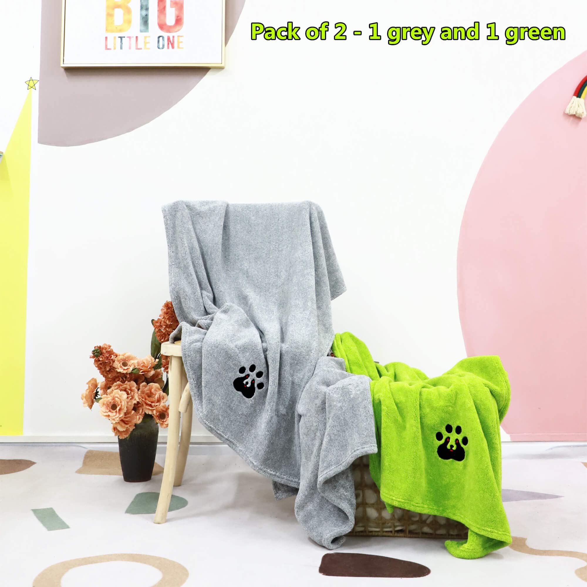 Dogvingpk Extra Large Dog Towels For Drying Dogs - Pack Of 2 - Super Absorbent Soft Microfiber Pet Bath Grooming Towel For Dogs Cats And Other Pets (Xl-55' * 36', Green And Gery)