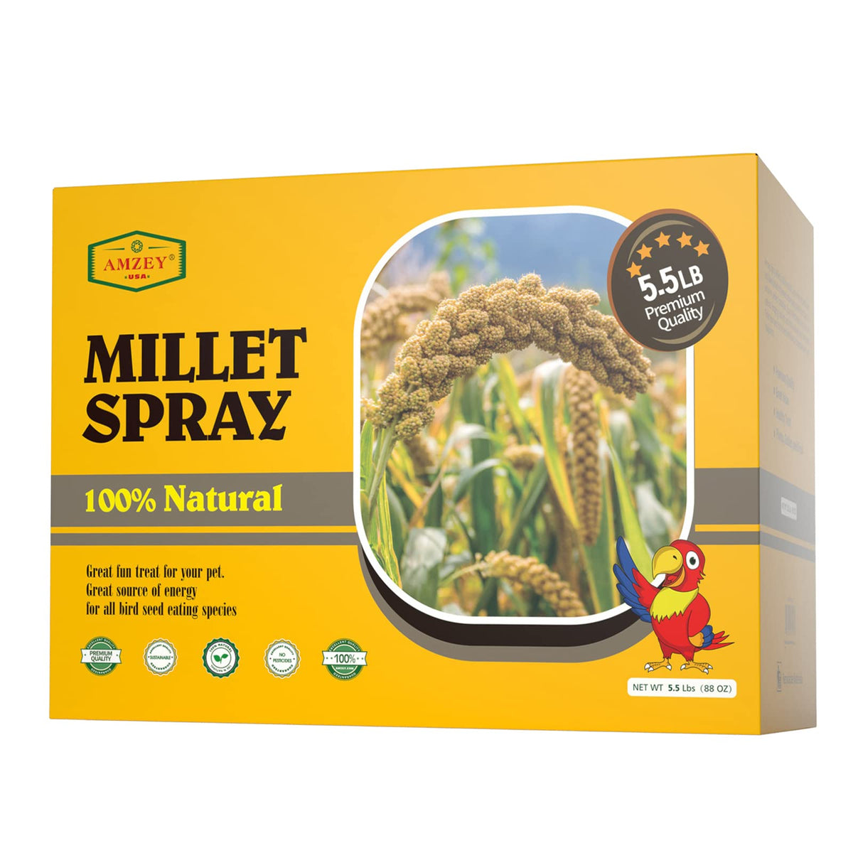 Amzey 5.5 Lb Spray Millet For Parakeets, 100% Natural Dried Millet Grain For Birds, Non-Gmo Bird Treat For Cockatiel, Finches, Parrots & Lovebirds