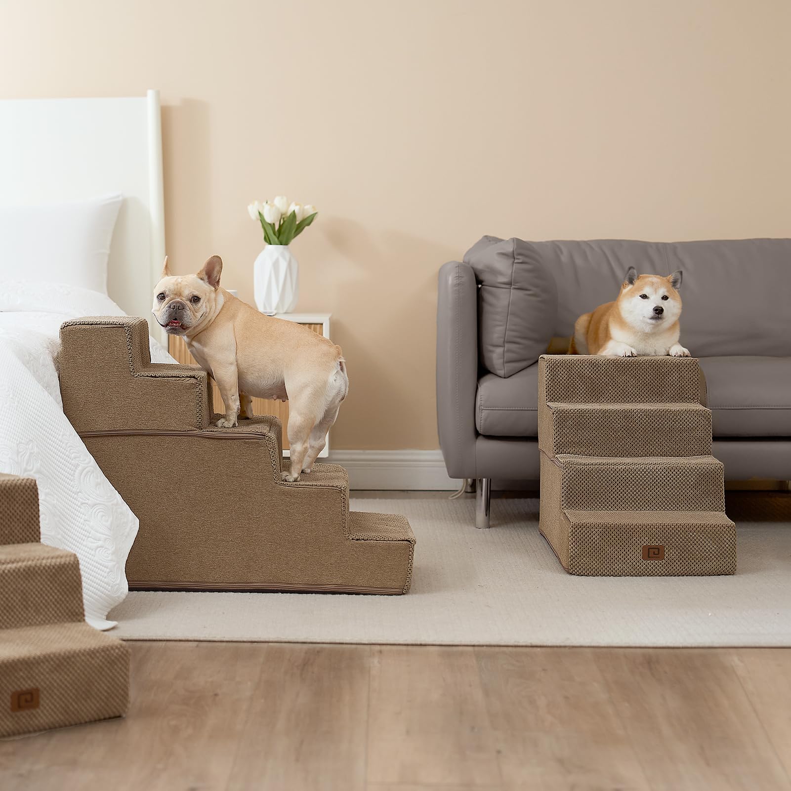 Eheyciga Dog Stairs For High Bed 22.5”H, 5-Step Dog Steps For Bed, Pet Steps For Small Dogs And Cats, Non-Slip Balanced Dog Indoor Ramp, Camel