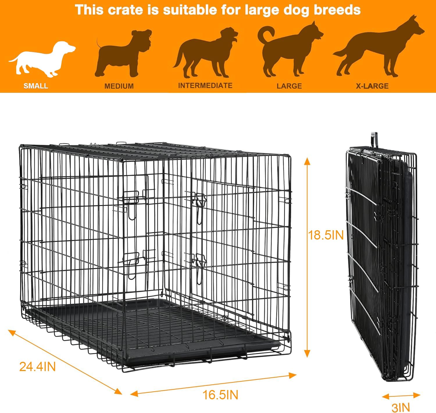 24 Inch Dog Crate Dog Cage for Large Dogs Folding Mental Wire Dog Kennel Outdoor and Indoor with Double-Door Divider Panel Remov
