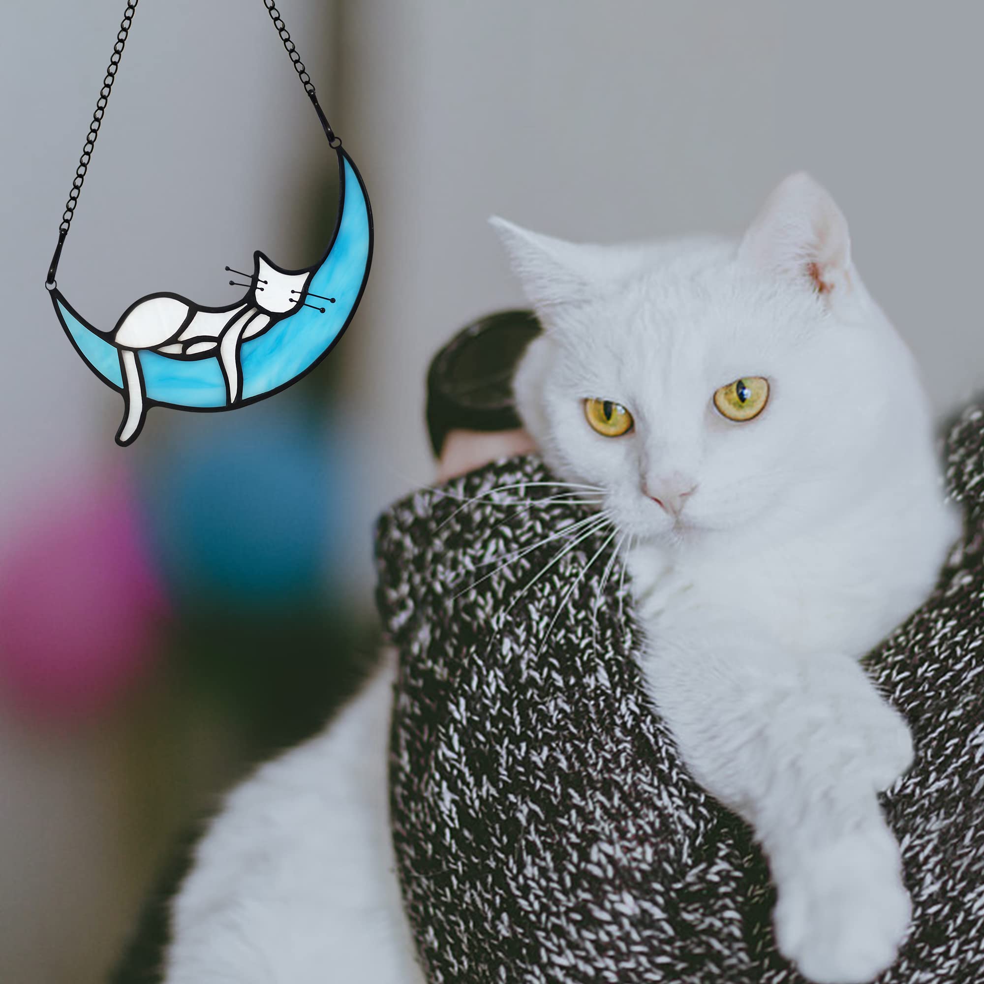 Haosum Sleeping White Cat On Moon Stained Glass Window Hangings,Cat Decor Cat Memorial Gifts For Cat Lovers,White Cat Suncatcher For Kitchen Bedroom Birthday Gift For Mom Grandma Aunt