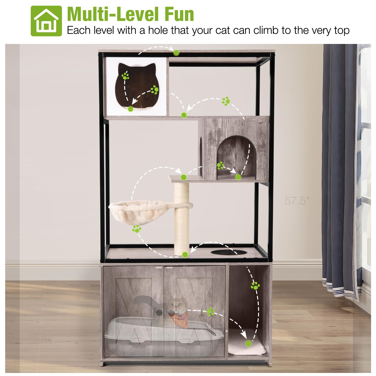 Gutinneen Cat Litter Box Enclosure Cat Tree With Hidden Litter Box, Scratching Post, Hammock, And Mat, 57.5 Inch (Nature)
