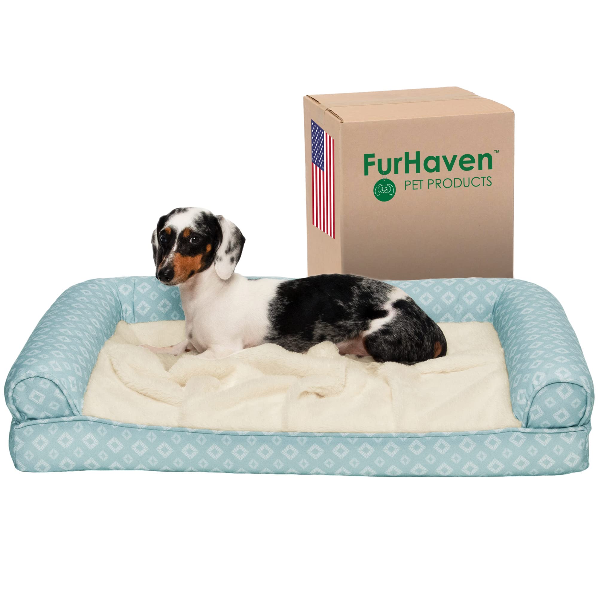 Furhaven Cooling Gel Dog Bed for Medium/Small Dogs w/ Removable Bolsters & Washable Cover, For Dogs Up to 35 lbs - Plush & Diamo