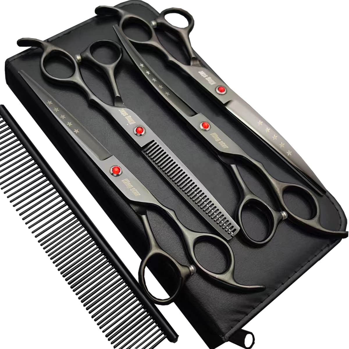 7.0In Titanium Professional Dog Grooming Scissors Set,Straight & Thinning & Curved Scissors 4Pcs Set For Dog Grooming Bright Bla