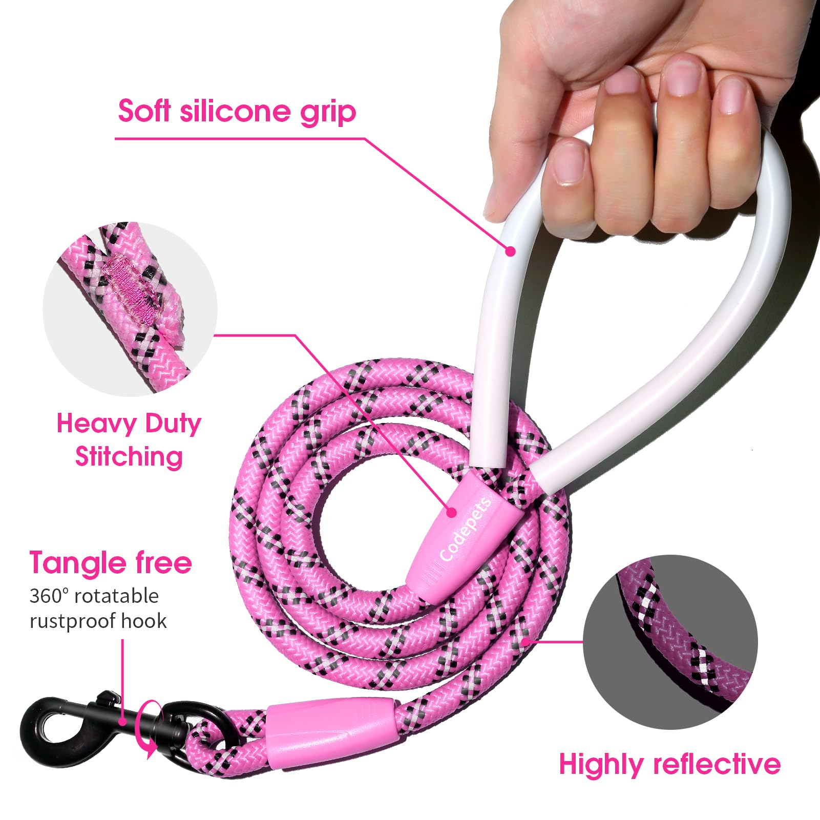 Codepets Detachable 2/5'' Slip Lead, 4Ft 6Ft 8Ft With Comfortable Silicone Handle Strong Rope For Large Medium Small Dogs No Pul