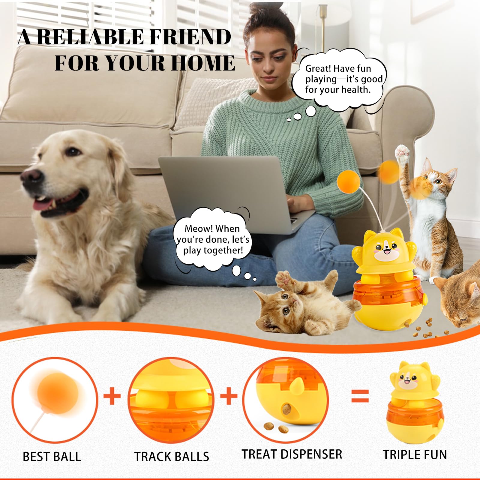 DONHUCHEP Interactive Cat Wobble Toy with Teaser Wand, Treat Dispensing Puzzle Feeder (No Treats Included), Enrichment Toy for I