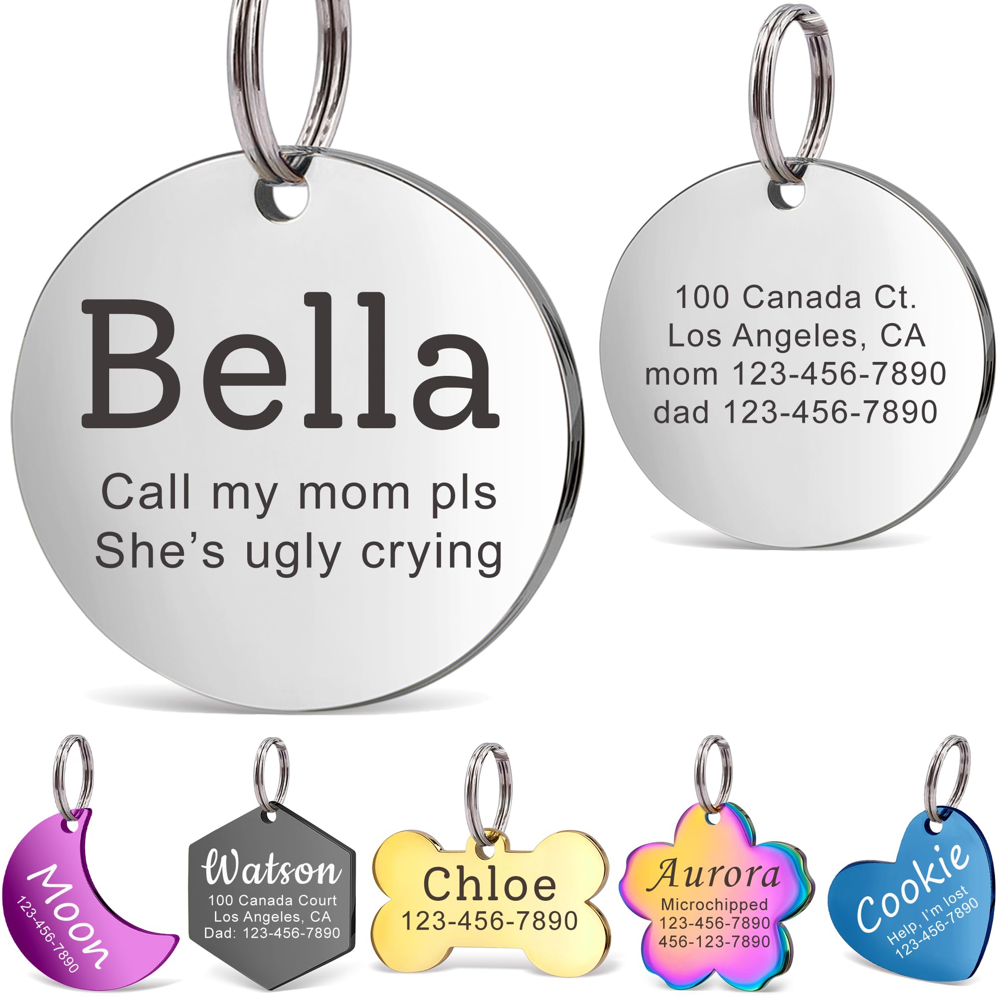 Anavia Personalized Pet Id Tags, Stainless Steel Glossy Laser Engraved Dog Cat Collar Name Tags, Multiple Colors Shapes Sizes (R