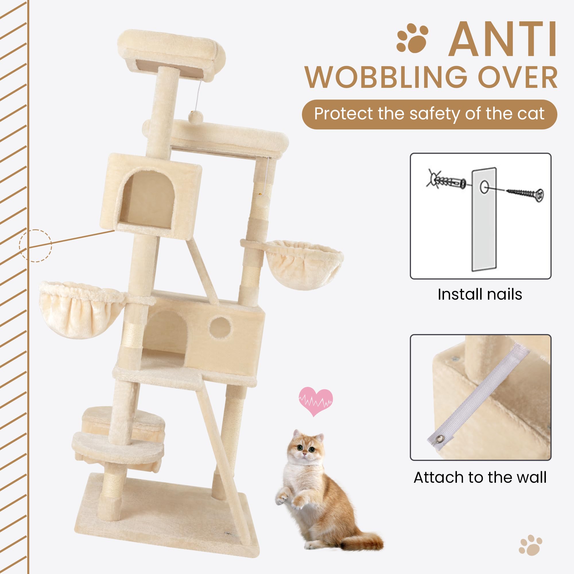 Sha Cerlin 65In Larger Cat Tree Tower Condo For Indoor Kitties/Multi-Level Furniture Activity Center With Wide Base/Cozy Plush Cat Perches/Baskets/Sisal Scratching Posts And Hammock/Beige