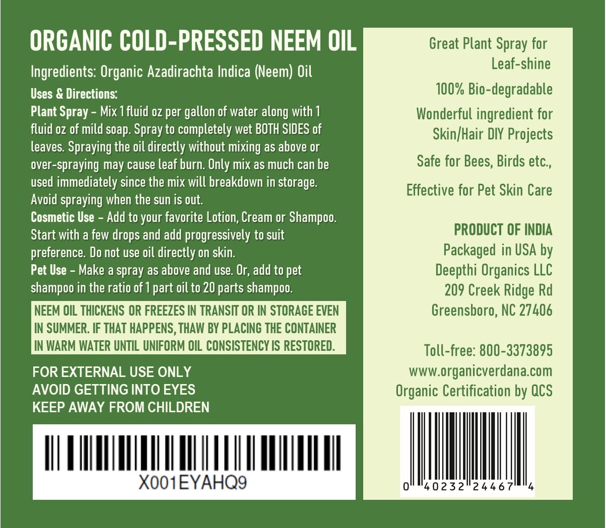 Organic Cold Pressed Pure Neem Oil - 1 Quart (32 Fl Oz) - Non Gmo - Unrefined - 100% Neem Oil, Nothing Added Or Removed - Skin C