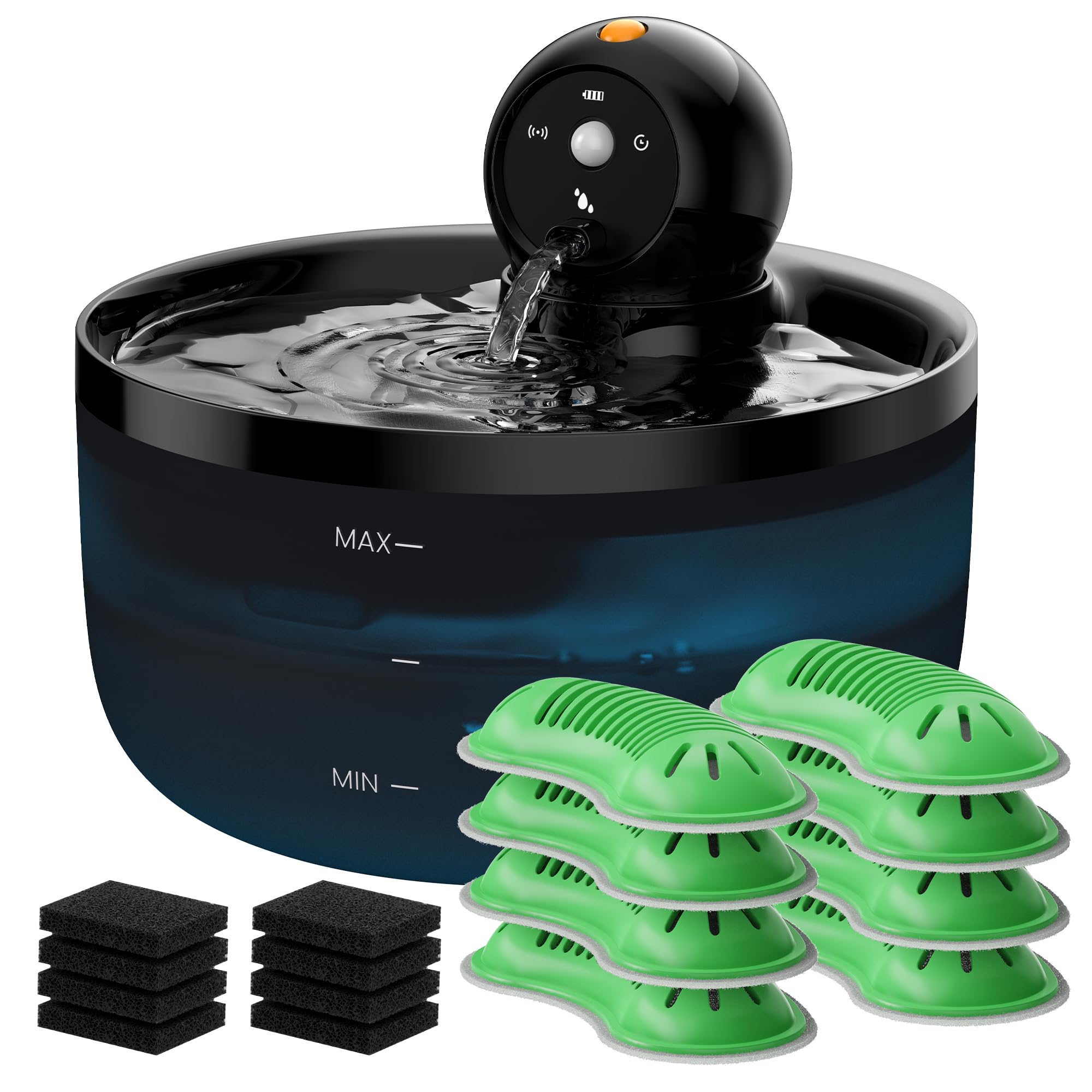 Pet Water Fountain Battery Operated: GOOIFUN Cat Water Fountains with 8 Filters + 8 Sponges - 88oz/2.6L Noiseless Cats Waterer B