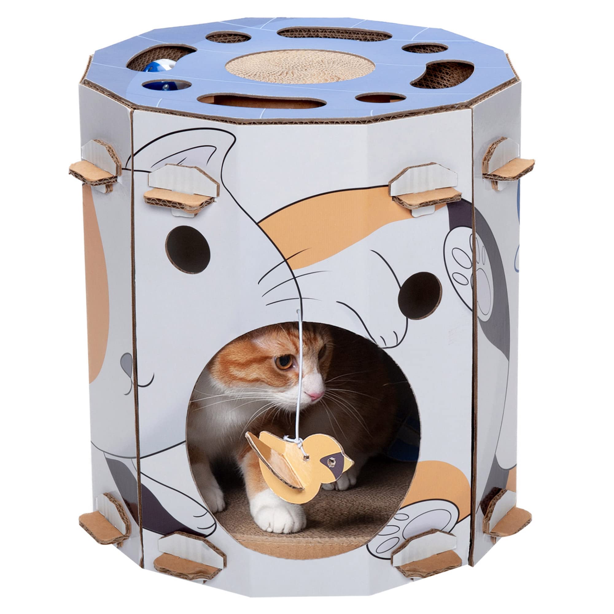 Furhaven Cardboard Hideout W/ Catnip For Indoor Cats, Ft. Scratching Pad, Ball Track, & Toys - Kitty Hideaway Corrugated Cat Scr
