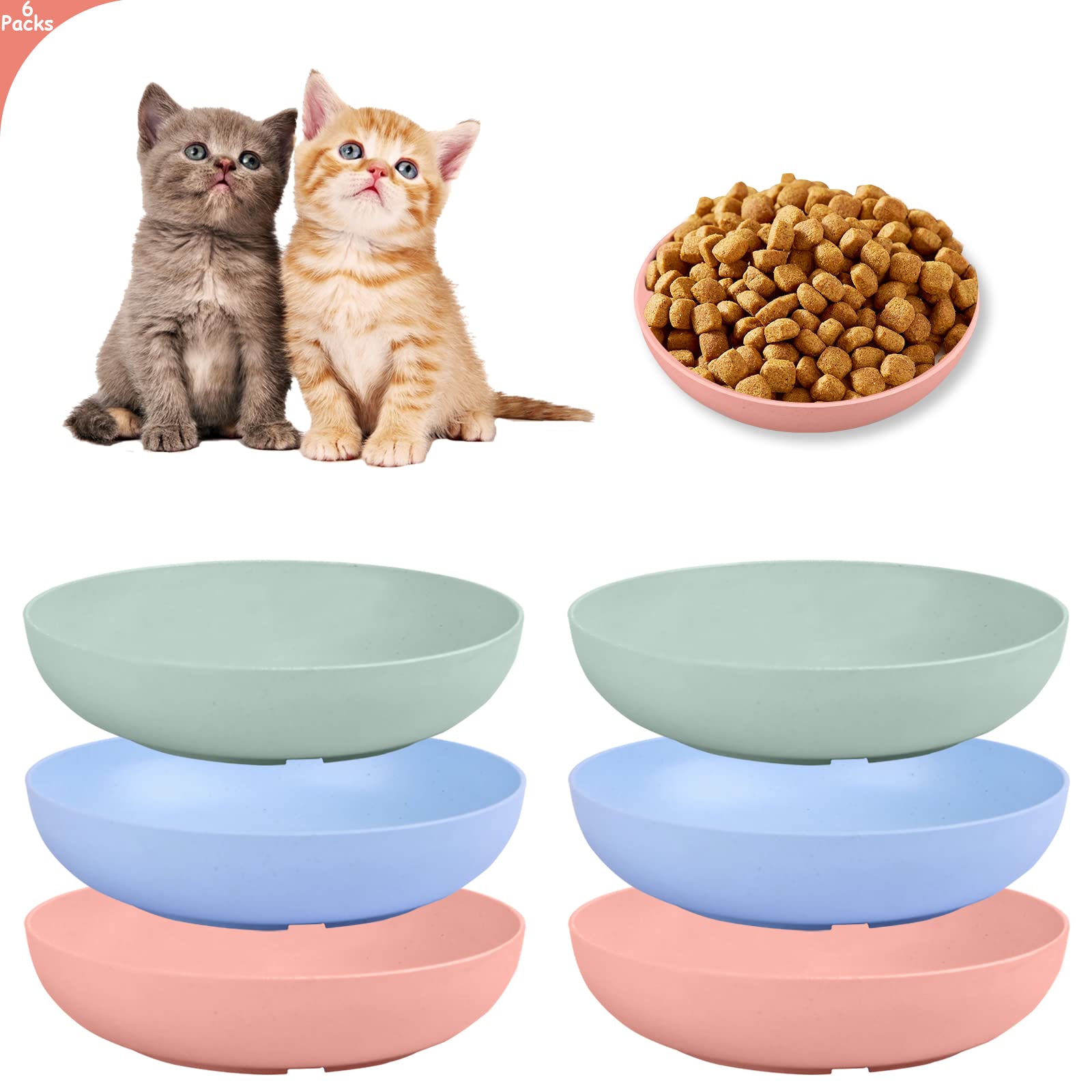 6-Pieces Whisker Fatigue Cat Bowl - 5.5 Inch Shallow Cat Food Dish Wide Cats Wet Feeding Bowls, PET Plate for Kittens and Short 