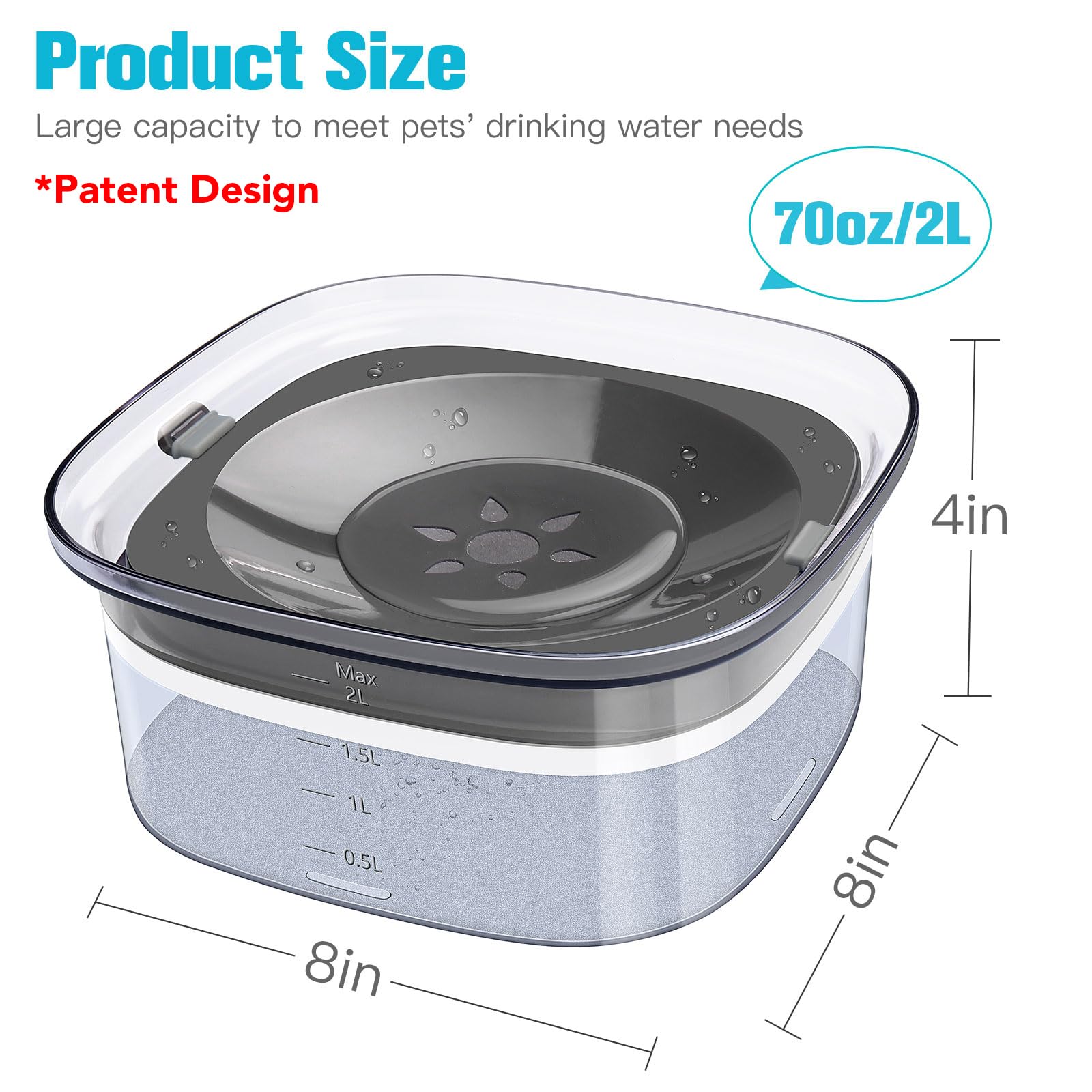 UPSKY 70oz No Spill Dog Water Bowl - Large Capacity Spill Proof Feeder for Cats & Dogs, Travel-Friendly Design, Grey