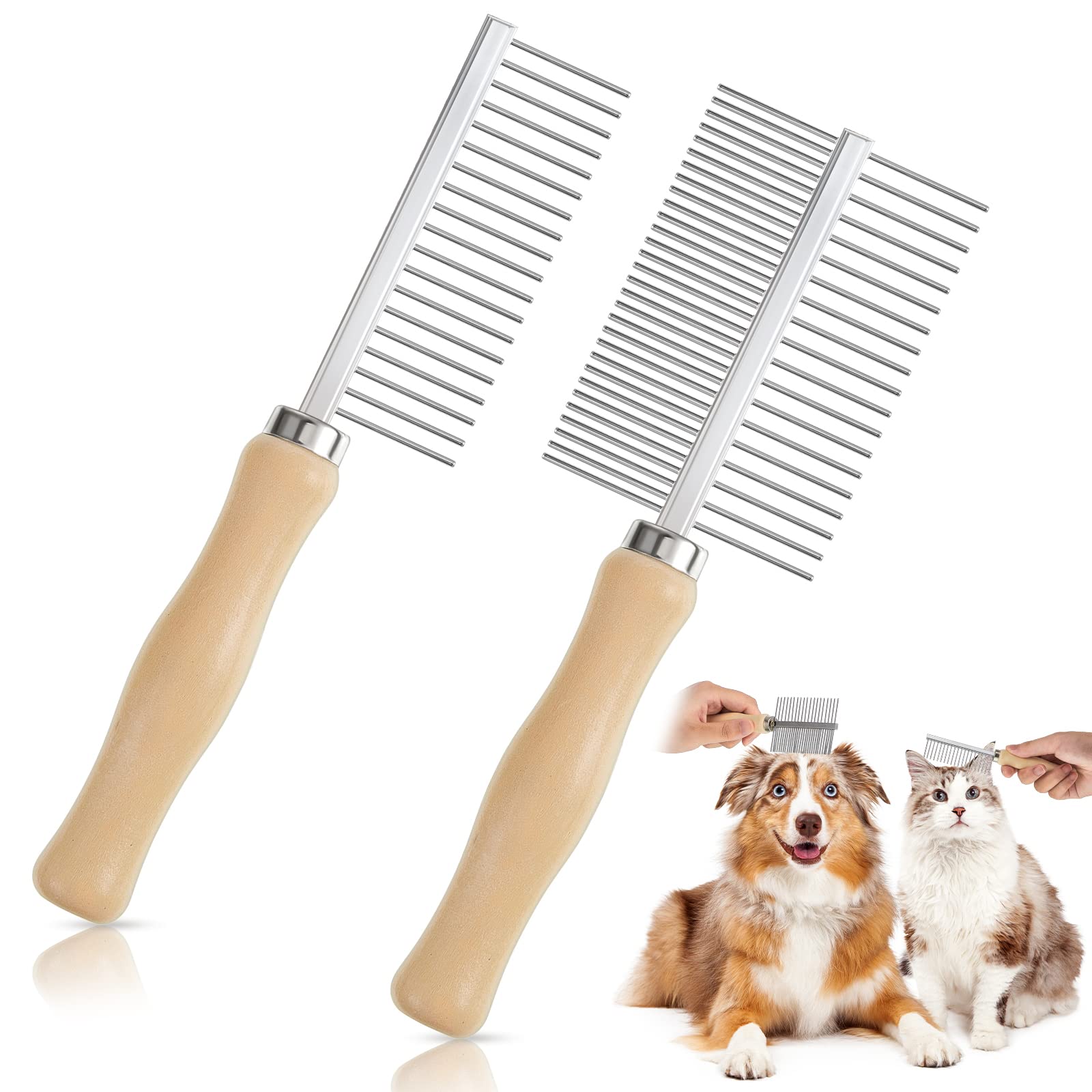 Stainless Steel Pet Grooming Comb Set - 2 Pcs Double-Sided Metal Combs With Wooden Handles For Dogs And Cats, Long And Short Fur, Flea Removal Brush Tool