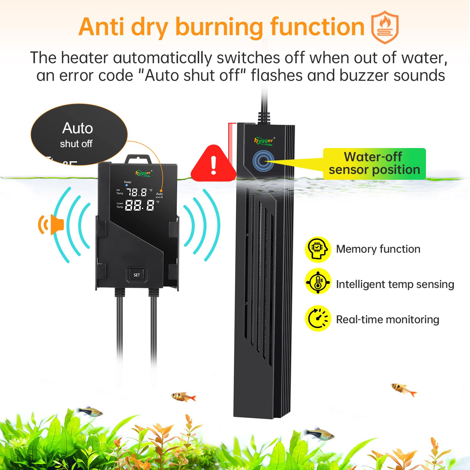 hygger Aquarium Heater with Intelligent Temperature Controller, 200W for 27-53 Gallon Submersible Fish Tank Heater with Leaving