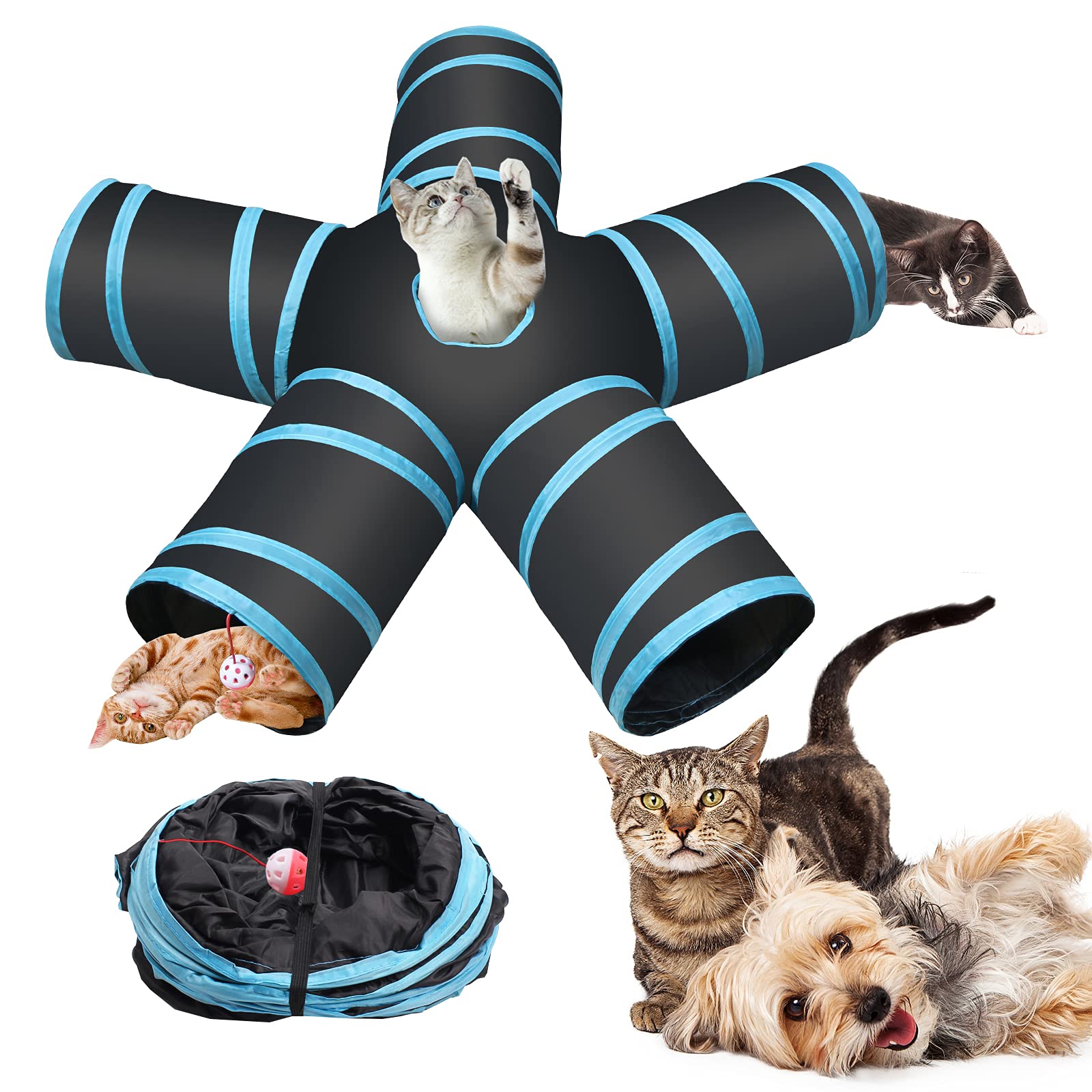 Futurekart Cat Tunnel Kitten Dog Rabbits Cat Interactive Toy Play Toy Foldable Pet Cat Toy With Ball Tunnel (5 Way, Dark Blue)