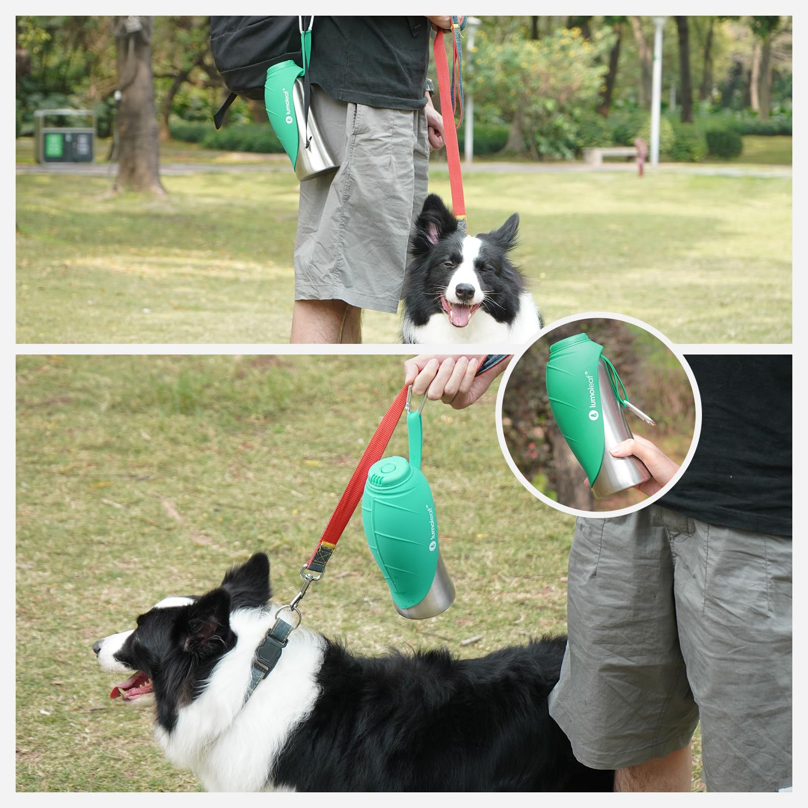 LumoLeaf Portable Dog Water Bottle 27oz - Stainless Steel Dispenser for Large Dogs, Green, Model LLDWB27B