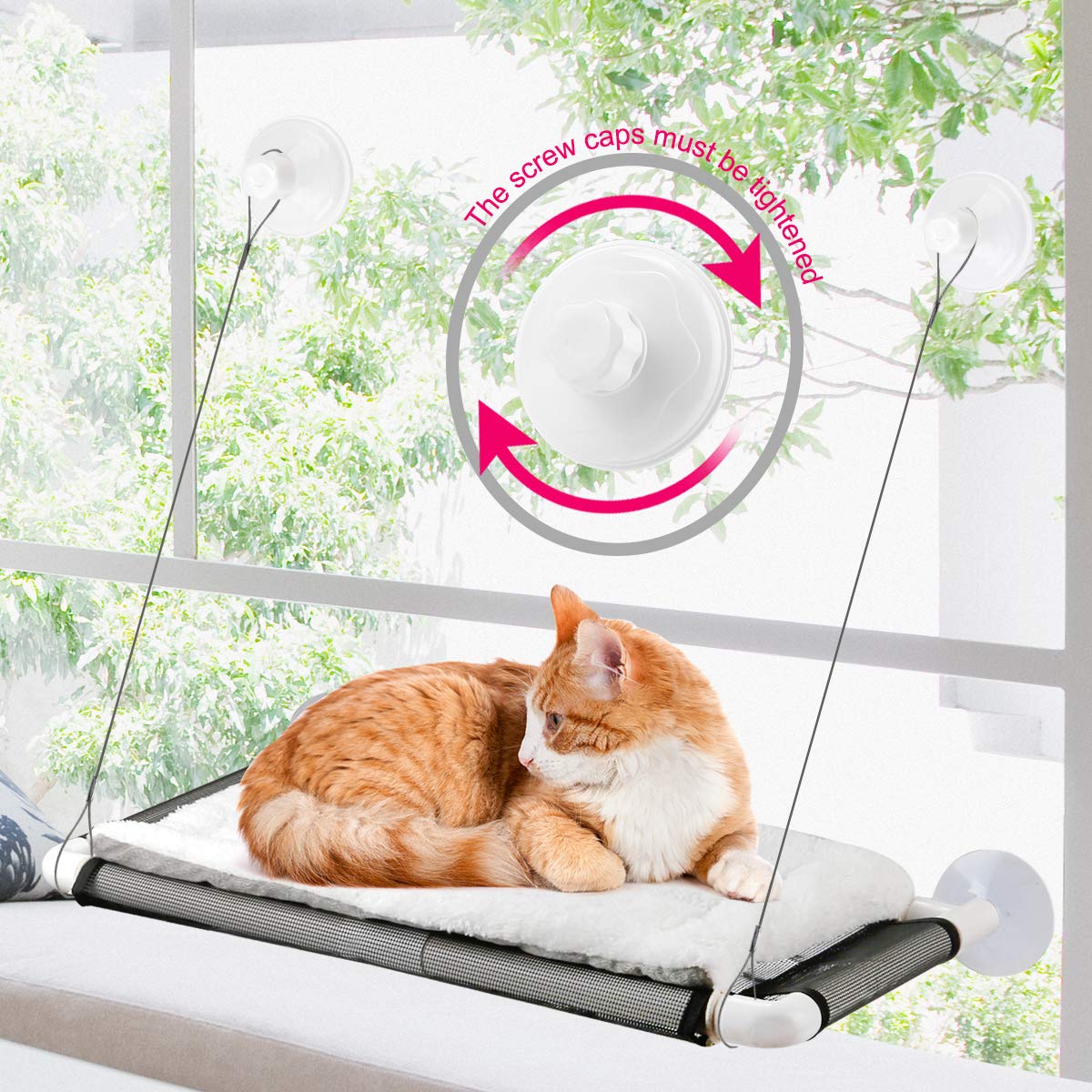 Cat Window Perch, Cat Hammock Window Seat W/Free Fleece Blanket 2024 Latest Screw Suction Cups Extra Large Sturdy Cat Bed Cat Resting Seat Hold Two Large Cats White Indoors (One Extra Suction Cup