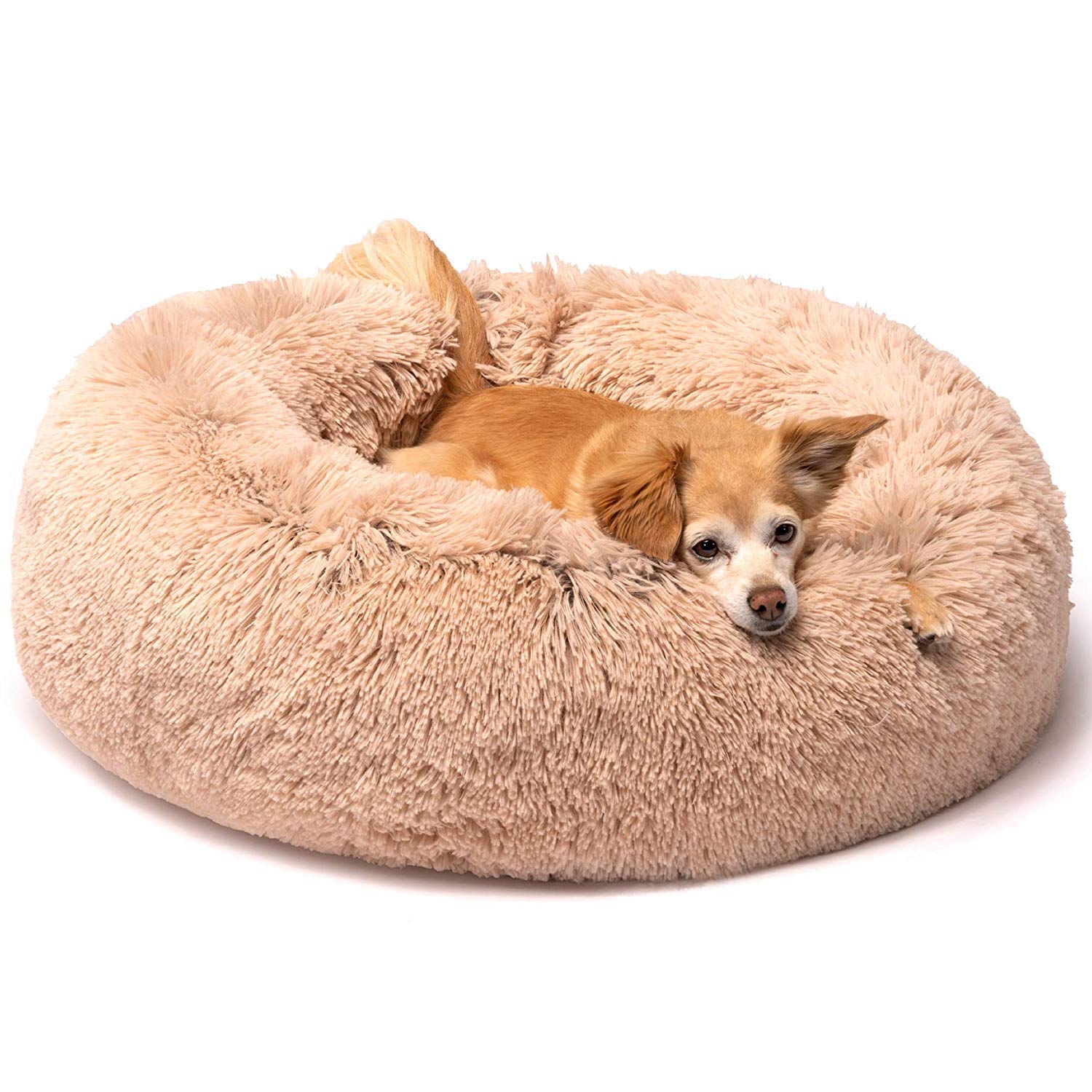 Friends Forever Donut Dog Bed Faux Fur Fluffy Calming Sofa For Small Dogs, Soft & Plush Anti Anxiety Pet Couch For Dogs, Machine
