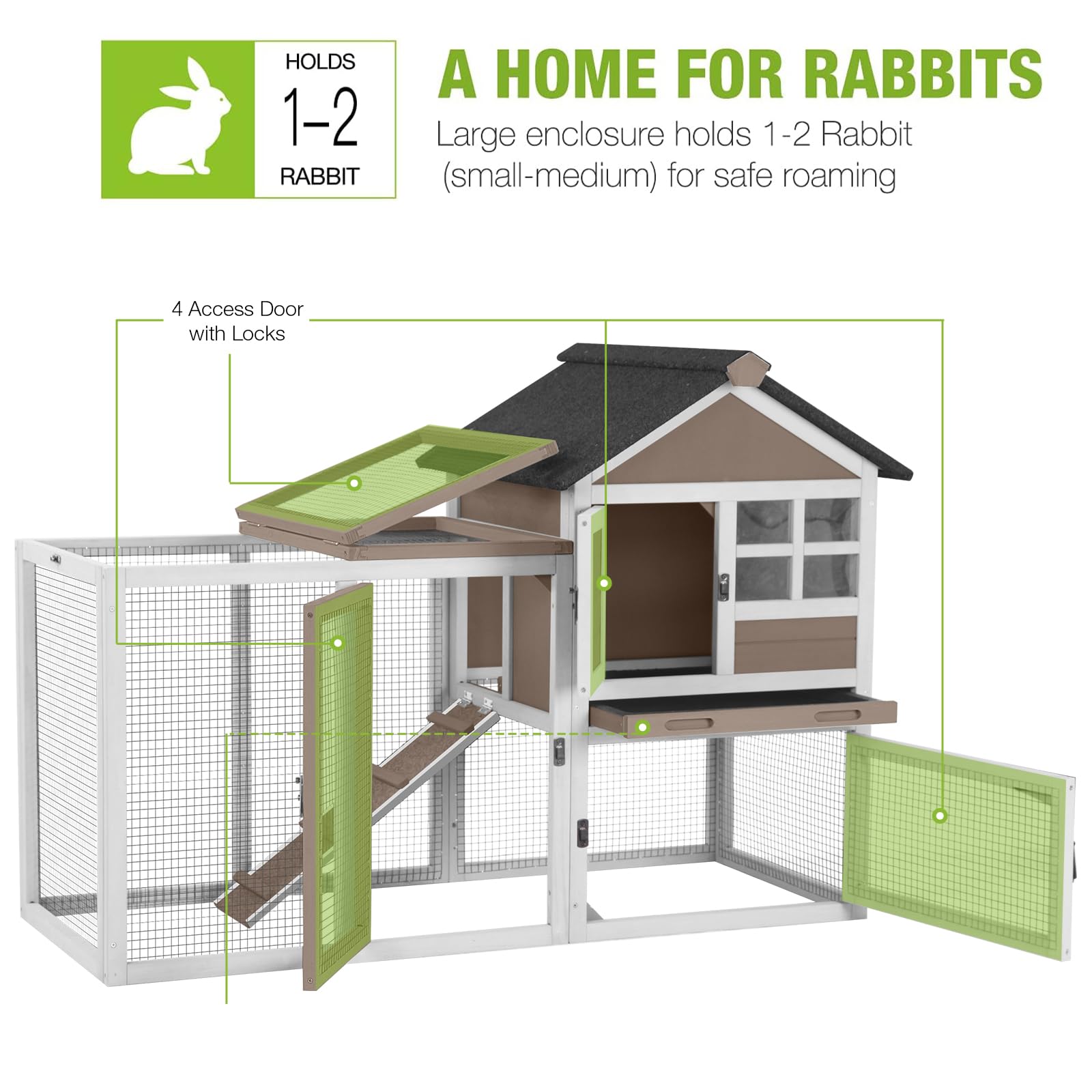 Gutinneen Rabbit Hutch Outdoor Rabbit Cage Indoor, 51.6'' L Wooden Bunny Cage With No Leakage Pull Out Tray, Guinea Pig Cage For