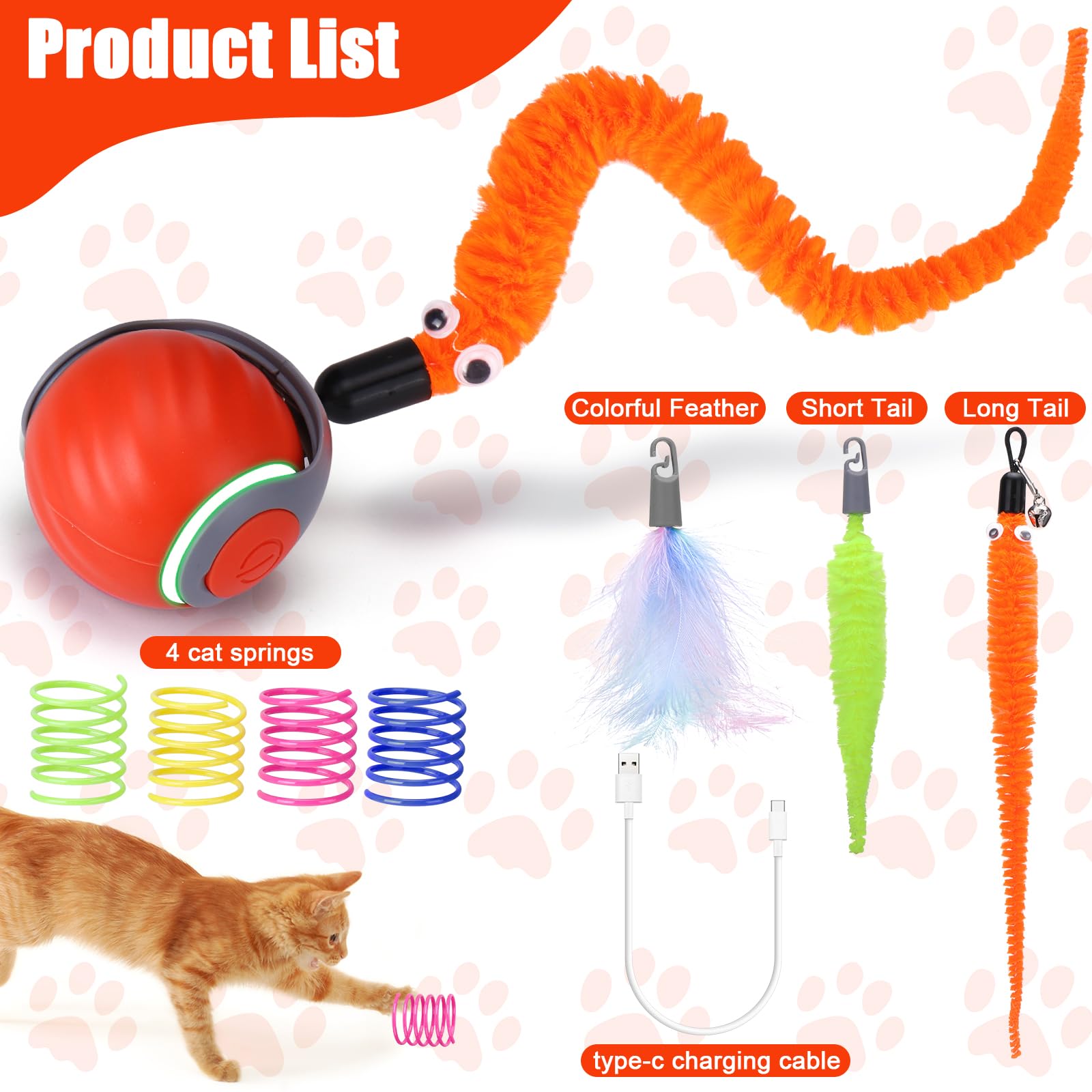 Aiersa Interactive Automatic Cat Toys For Indoor Adult Cats,Self Play Speed Tail Toy With 3 Tails And 4 Springs (Orange)