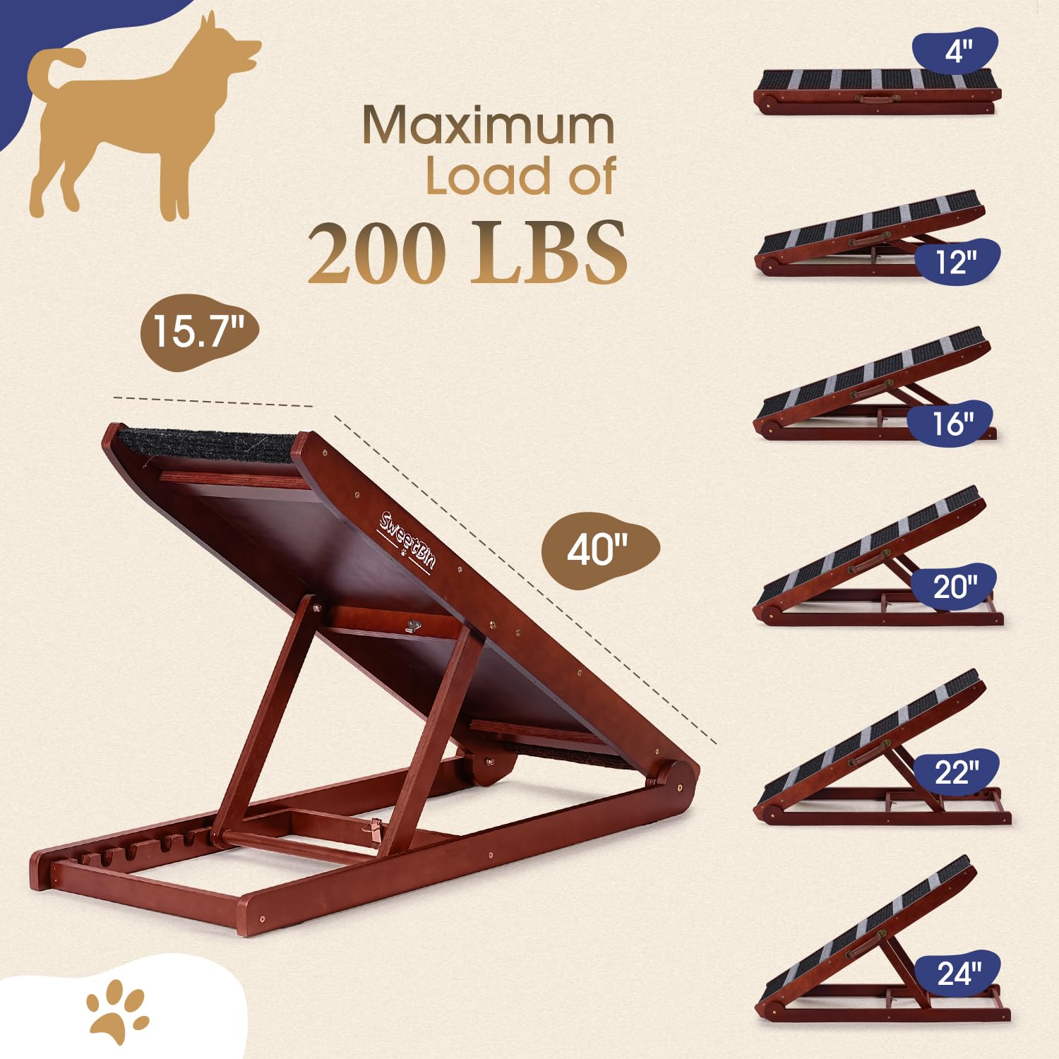 Sweetbin Wooden Adjustable Pet Ramp For All Dogs And Cats - Non Slip Carpet Surface And Foot Pads - 40'' Long And Adjustable Fro