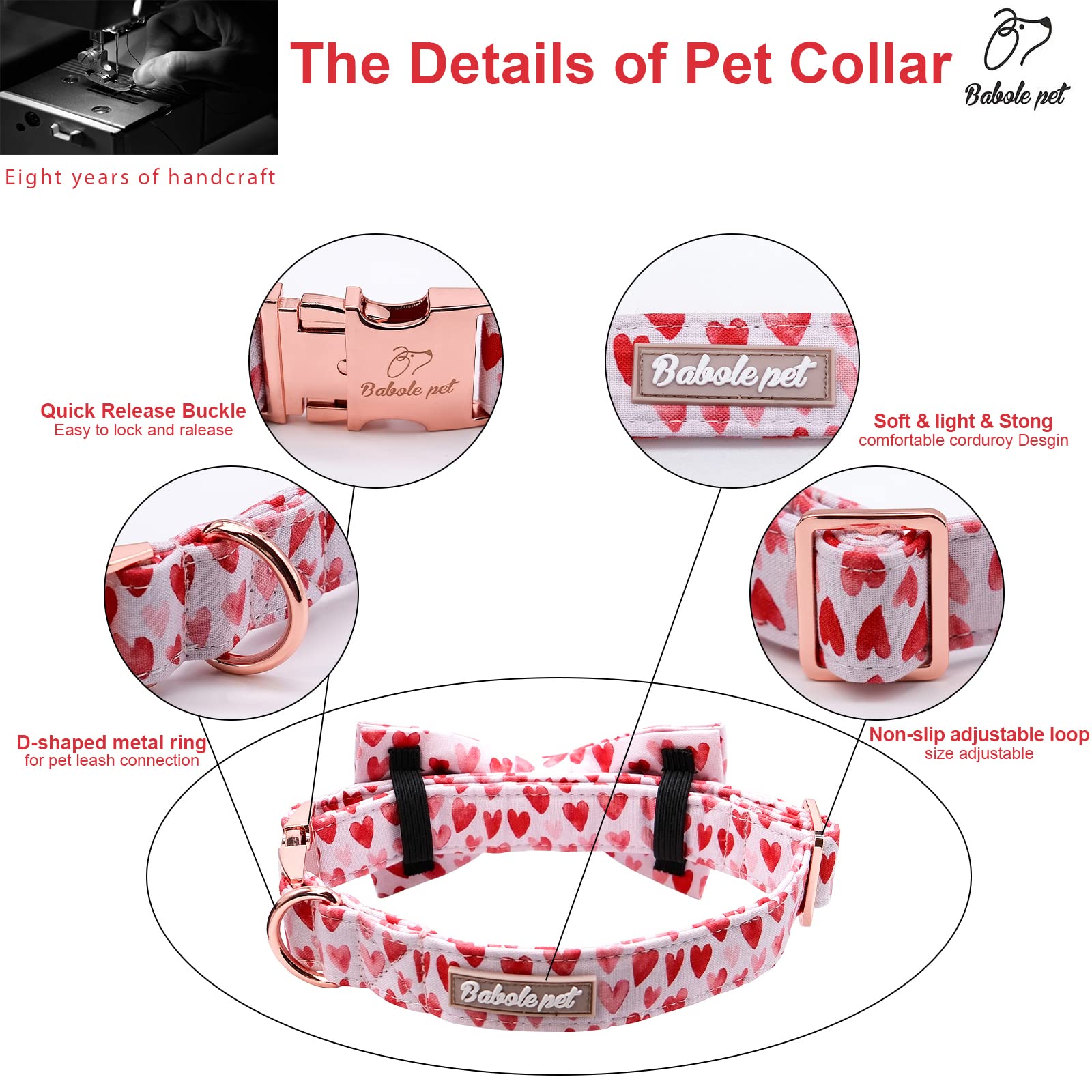 Babole Pet Valentine's Day Dog Collar with Bow Tie,White Red Pink Love Male Dog Collar with Safety Metal Buckle Adjustable Puppy