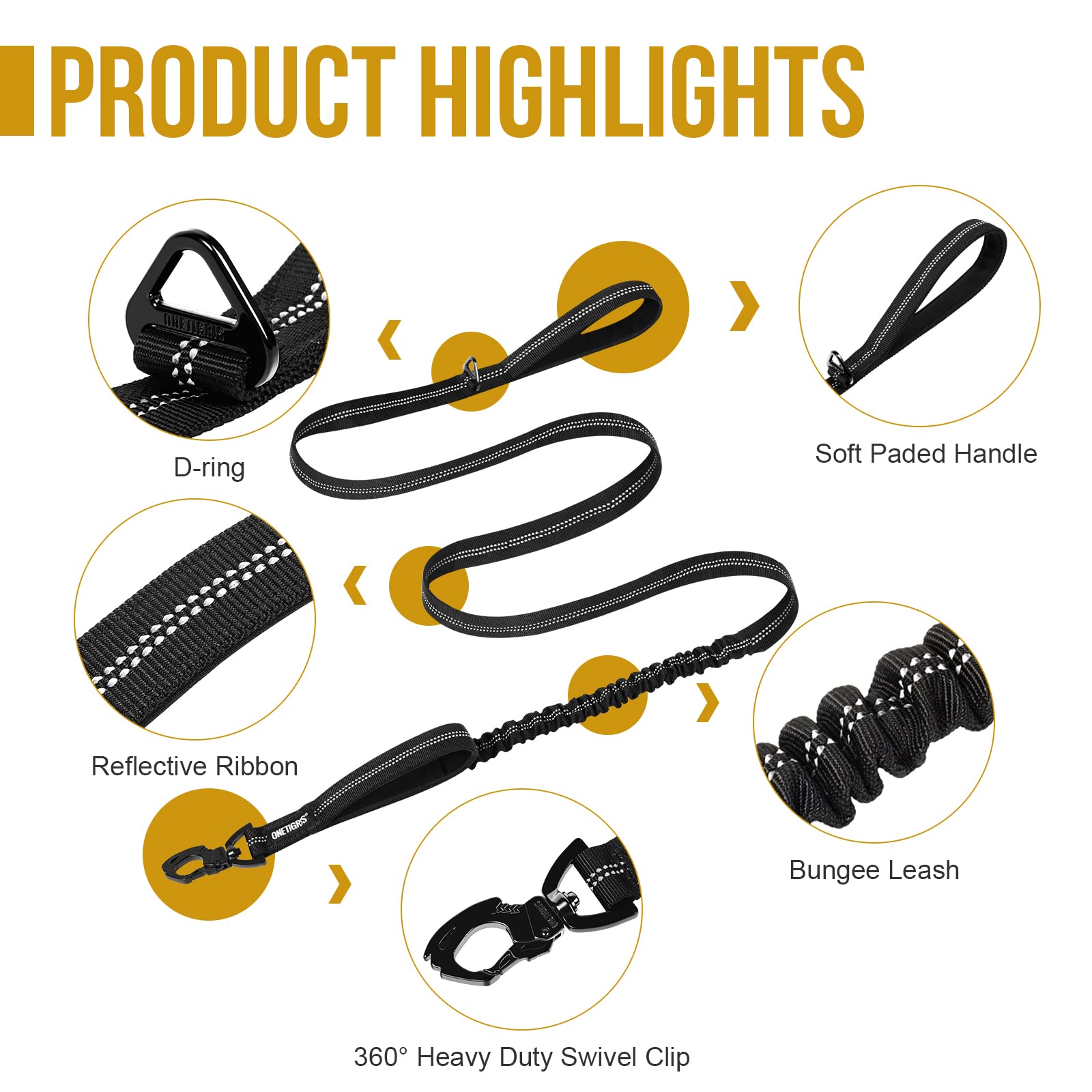 Onetigris 6Ft Dog Leash, Heavy Duty Leash With 2 Padded Handle - Pet Training Lead With Reflective Double Handle For Traffic Con