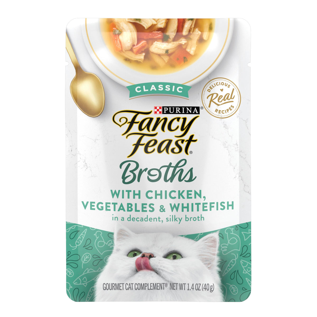 Purina Fancy Feast Lickable Wet Cat Food Broth Topper Classic, Chicken, Vegetables And Whitefish - (Pack Of 16) 1.4 Oz. Pouches