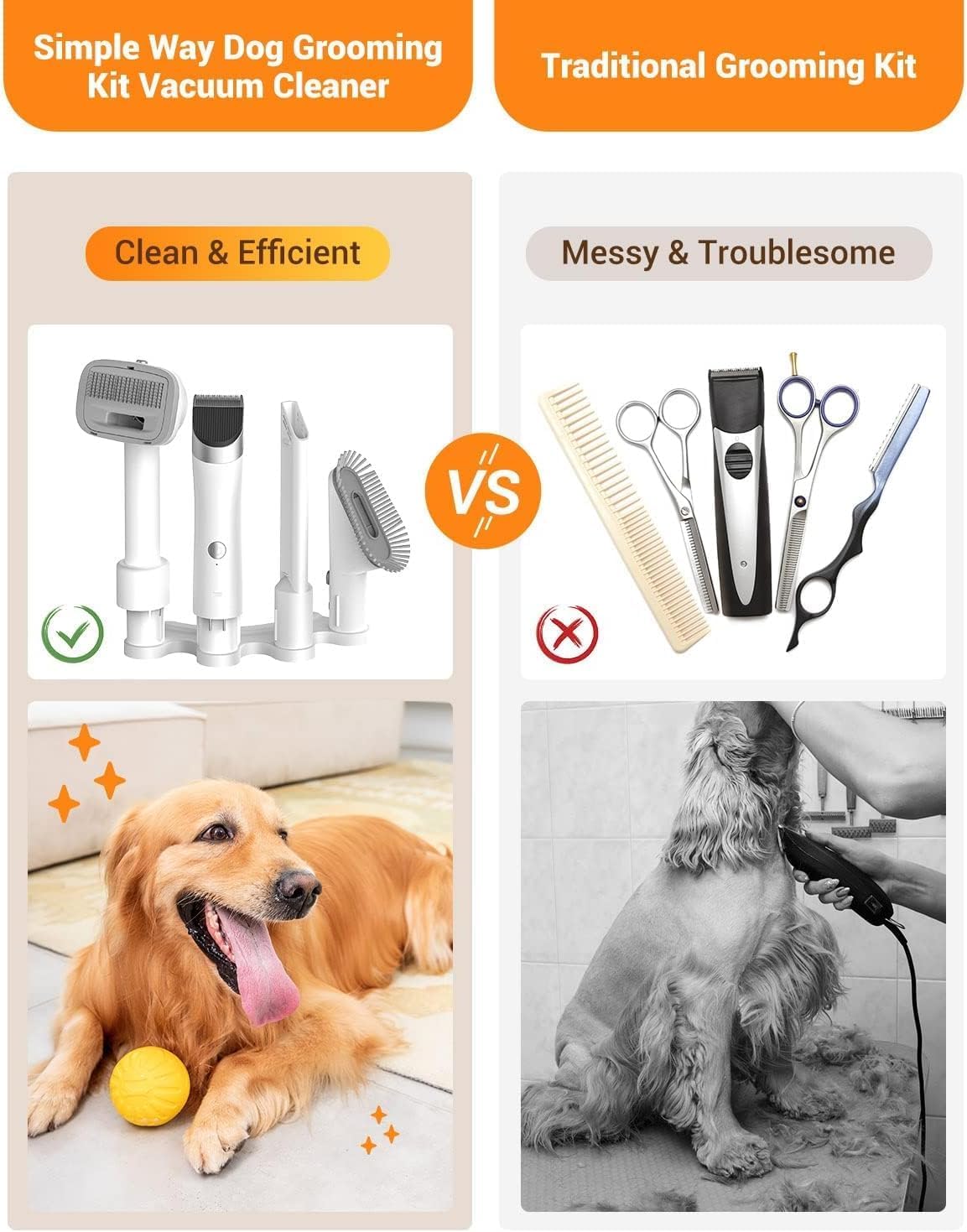 Dog Vacuum Grooming Kit For Shedding: Professional Hair Clippers Pet Groomer - Strong Suction Cleaner Deshedding Tool Fur Brush
