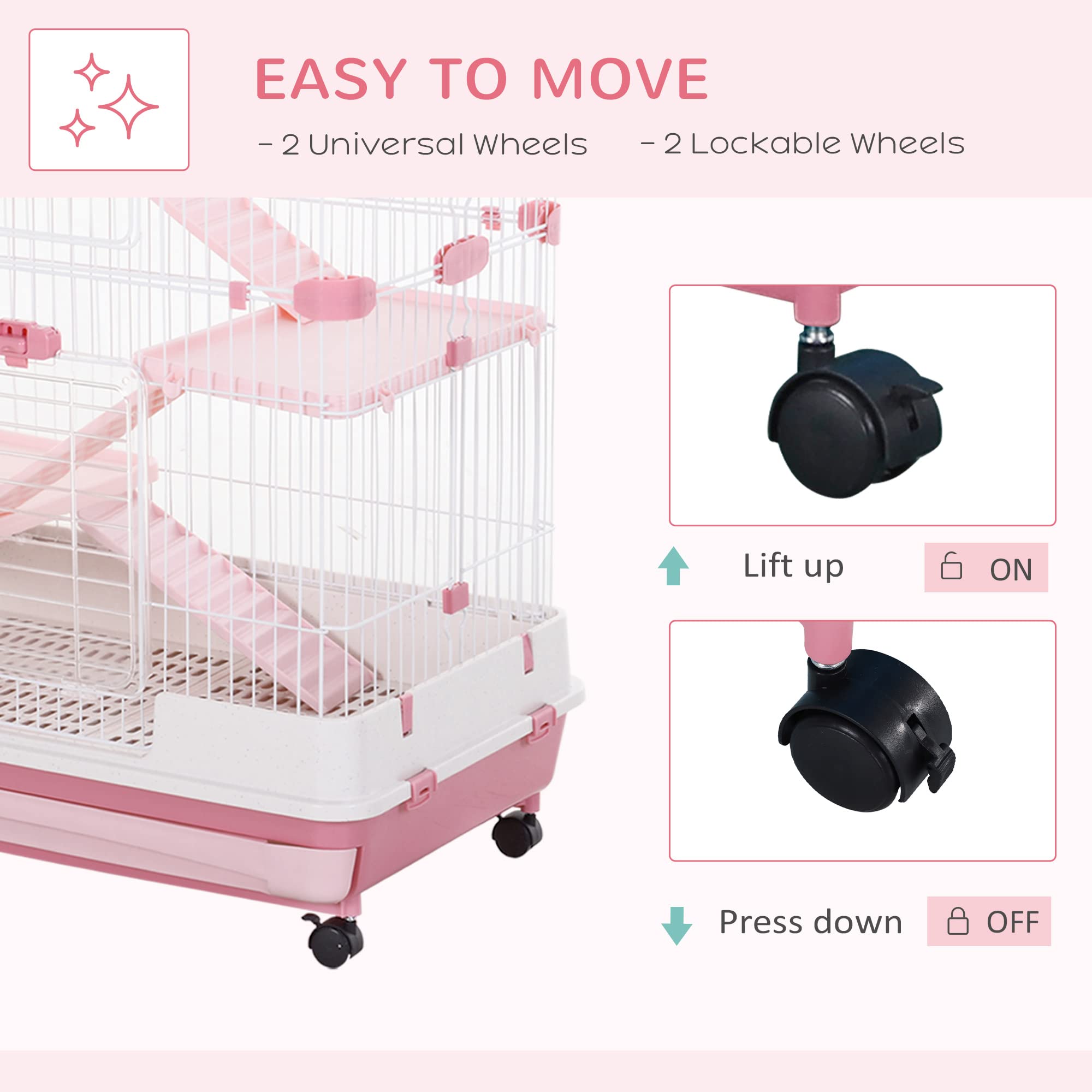 Pawhut 4-Level Small Animal Cage Rabbit Hutch With Wheels, Removable Tray, Platform And Ramp For Bunny, Chinchillas, Ferret, Pink
