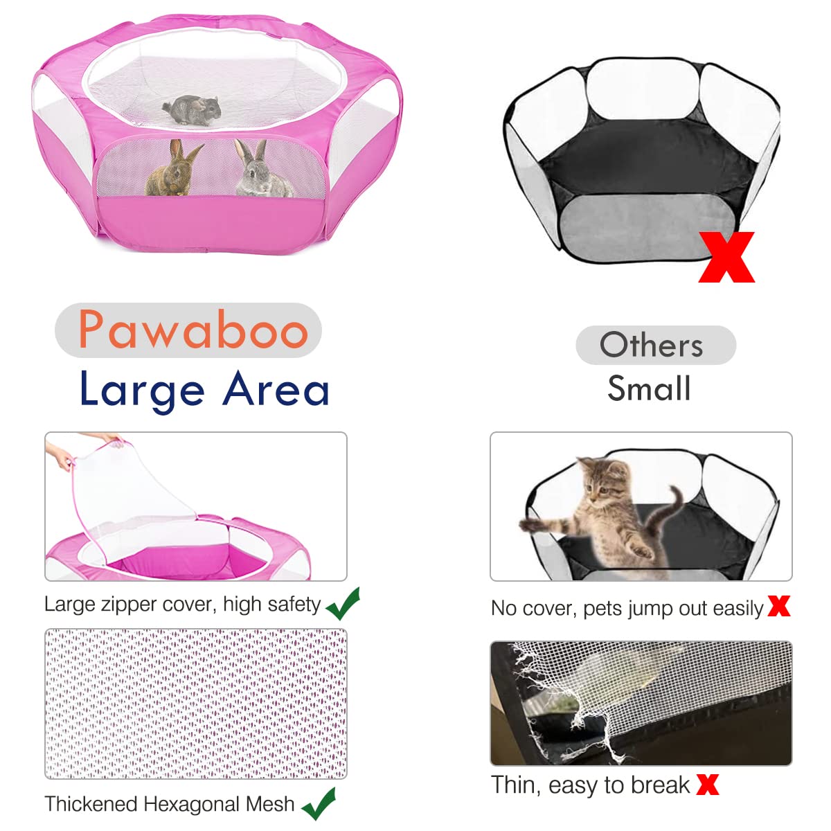 Pawaboo Small Animals Playpen, Waterproof Small Pet Cage Tent With Zippered Cover, Portable Outdoor Yard Fence With 3 Metal Rod