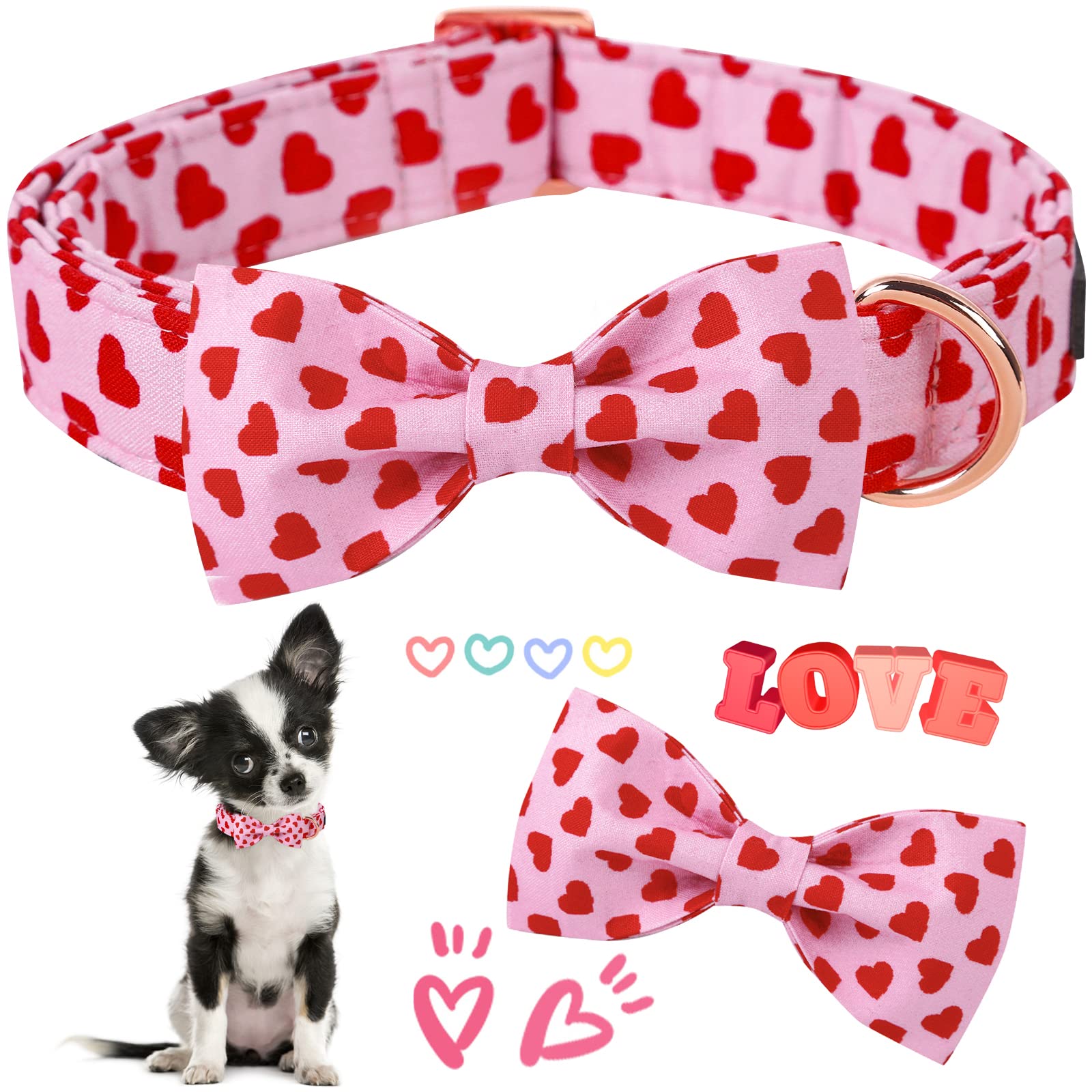 ARING PET Valentine 's Dog Collar-Adorable Pink Heart Girl Dog Collar, Adjustable Bowtie Dog Collar Pet Collars with Metal Buckl