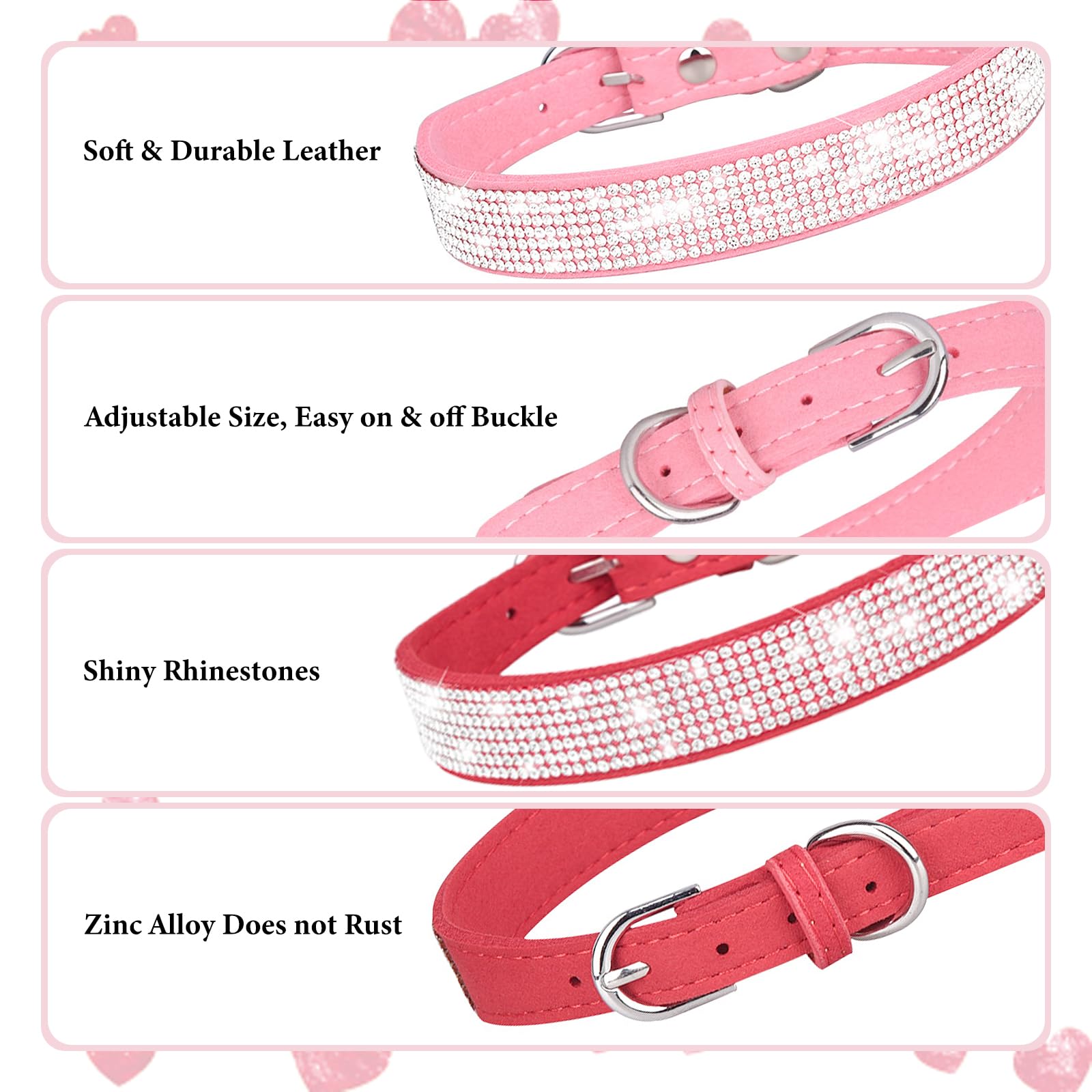 Female Dog Collars For Small Dogs, 2-Pack Pink+Red Bling Diamond Dog Collar Soft Suede Glitter Rhinestone Jewelry Crystal Puppy