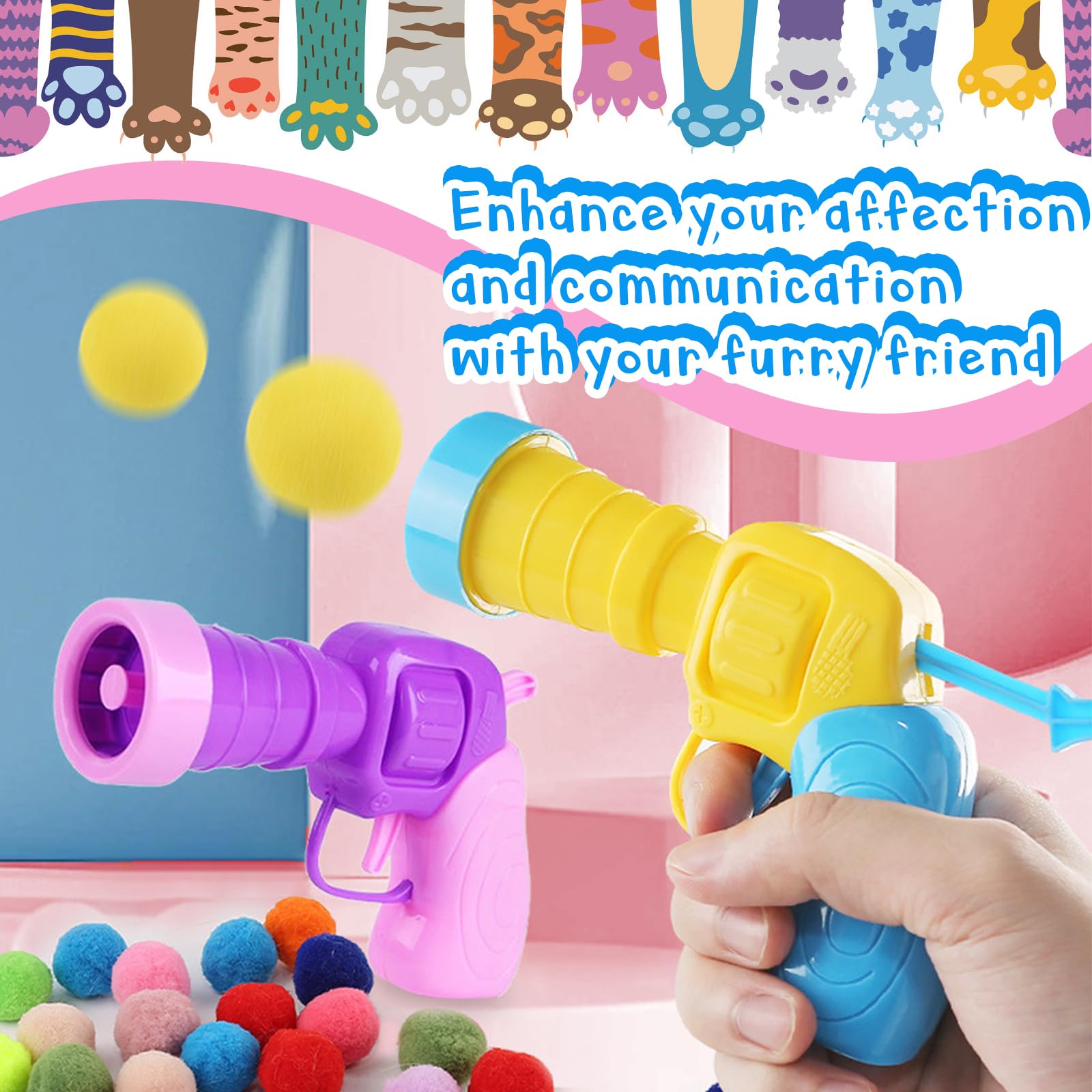 Eerrhhaq 2 Cat Toy Launchers & 100 Cat Pom Pom Balls,Cat Toys Balls Launcher,Launch Ball Interactive Toy,Silent Plush Elastic Ba