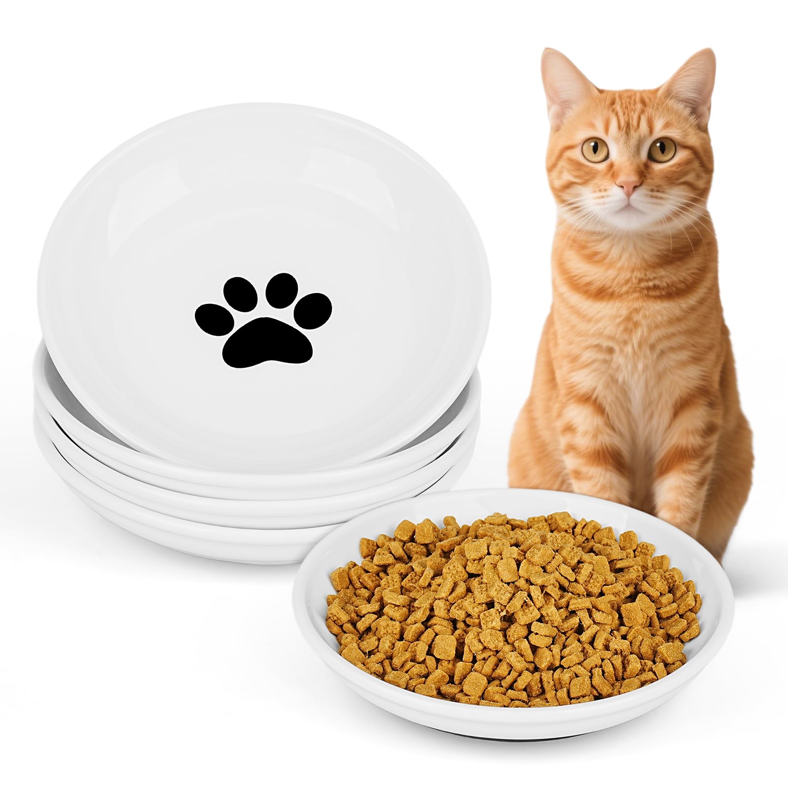 Ceramic Cat Food Bowls - 4 Pack Shallow Plates for Wet Food, Whisker-Friendly Feeding Dish with Non-Slip Silicone Base, Microwav