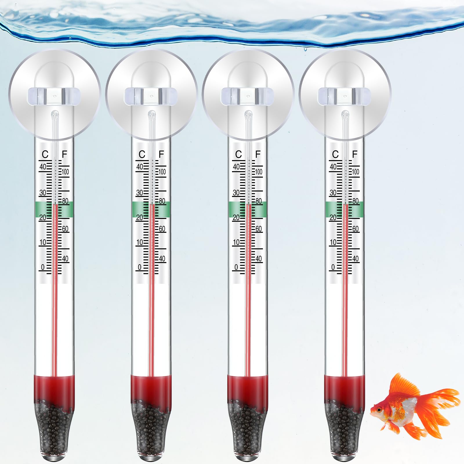 Dreyoo 4 Pcs Floating Aquarium Thermometers, Floating Glass Aquarium Thermometer with Suction Cup, Mercury Free Large Standing T