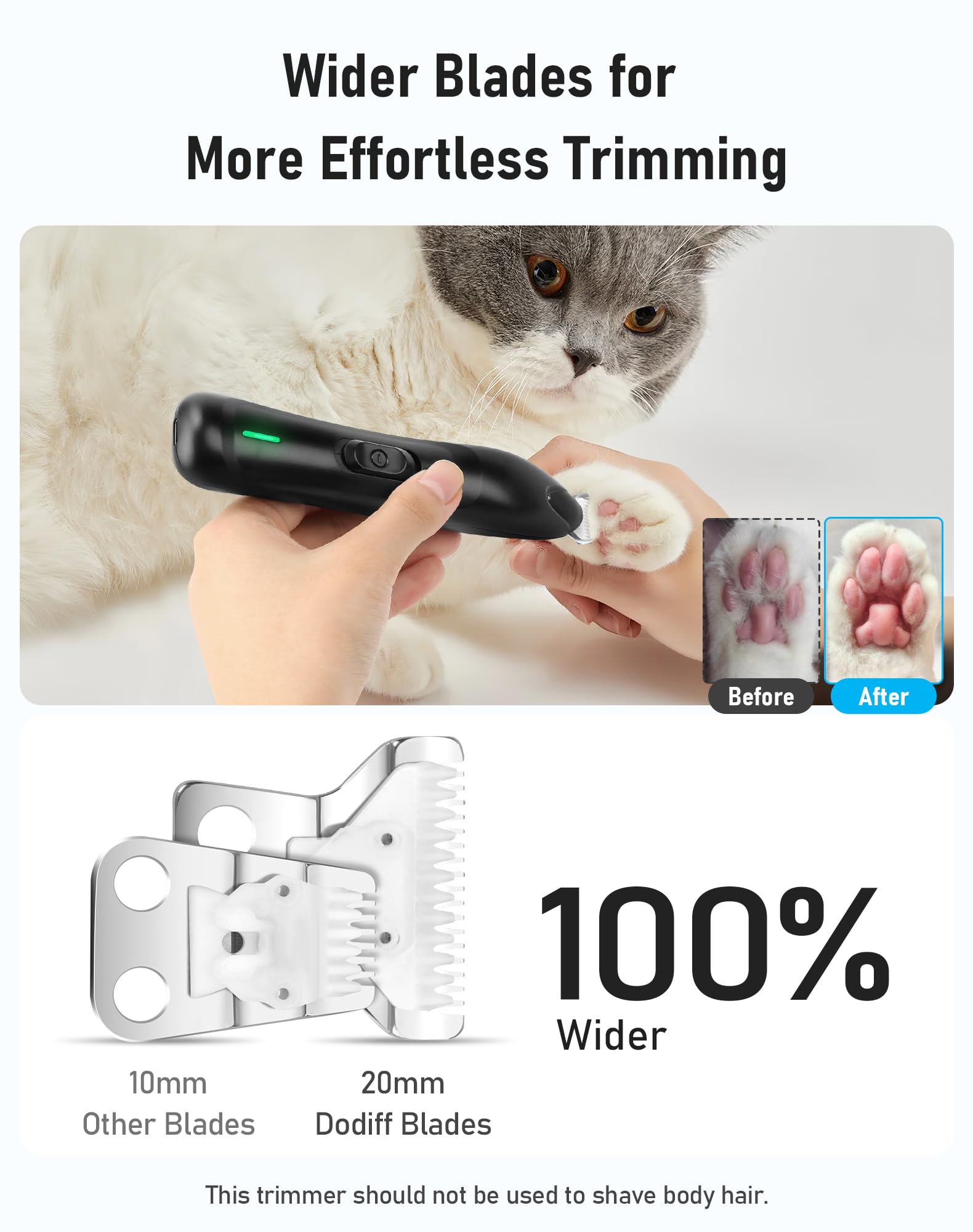 dodiff Dog Paw Trimmer with LED Light, Rechargeable Cordless Dog Clippers with Wider Blade for Grooming Pet's Paw Pad, Low Noise