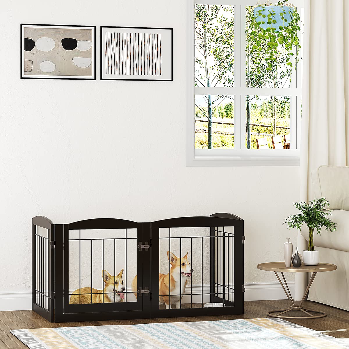 Pawland Free Standing Pet Gate With Door Walk Through, Dog Gate For The House, Doorway, Stairs, 80 Inch Wide Puppy Safety Fence, Support Feet Included, 4 Panels, 24 Inches Tall (Espresso)