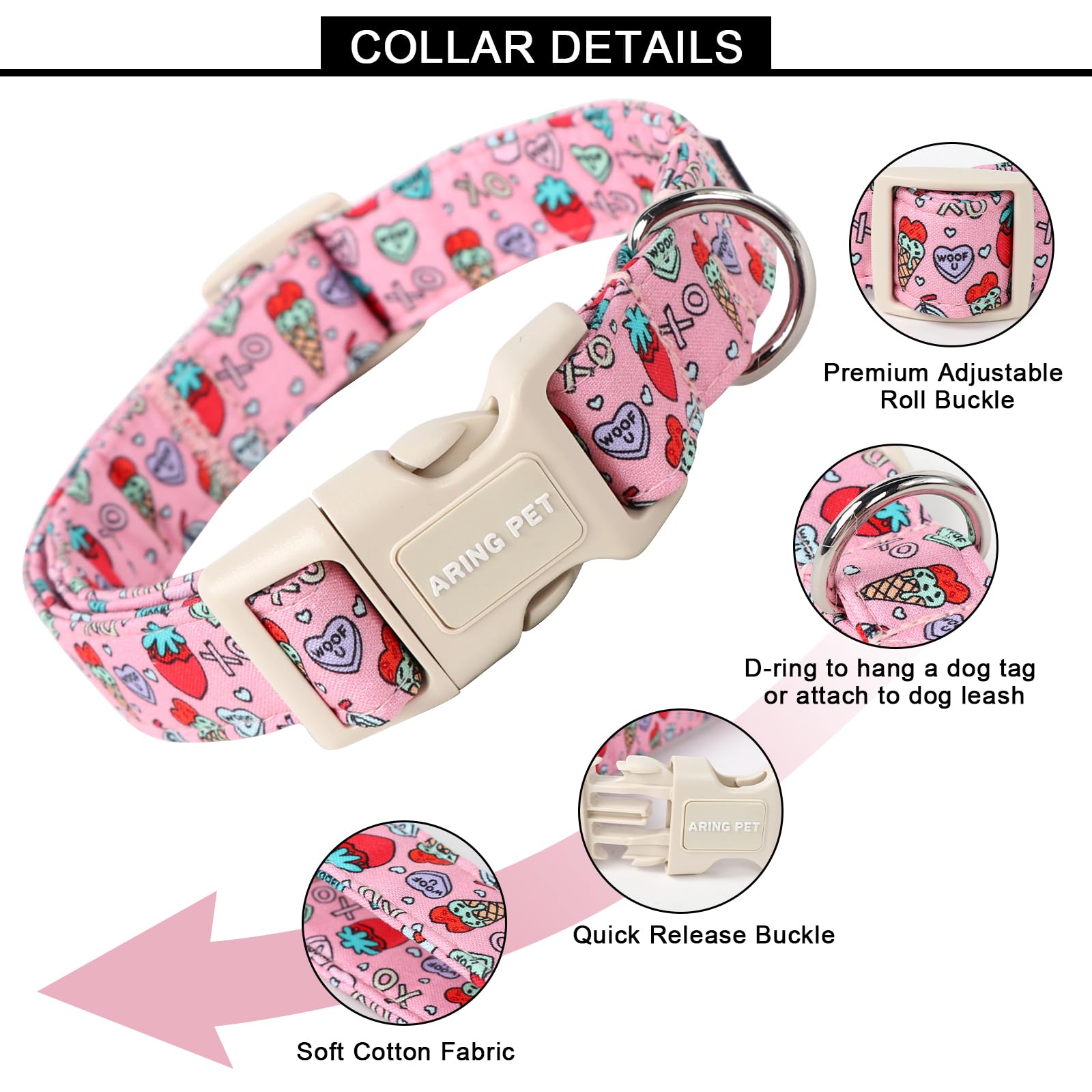 Aring Pet Valentine'S Day Dog Collar-Cotton Pink Girl Dog Collars, Adjustable Valentine Pet Collars Puppy Collar With Quick Rele