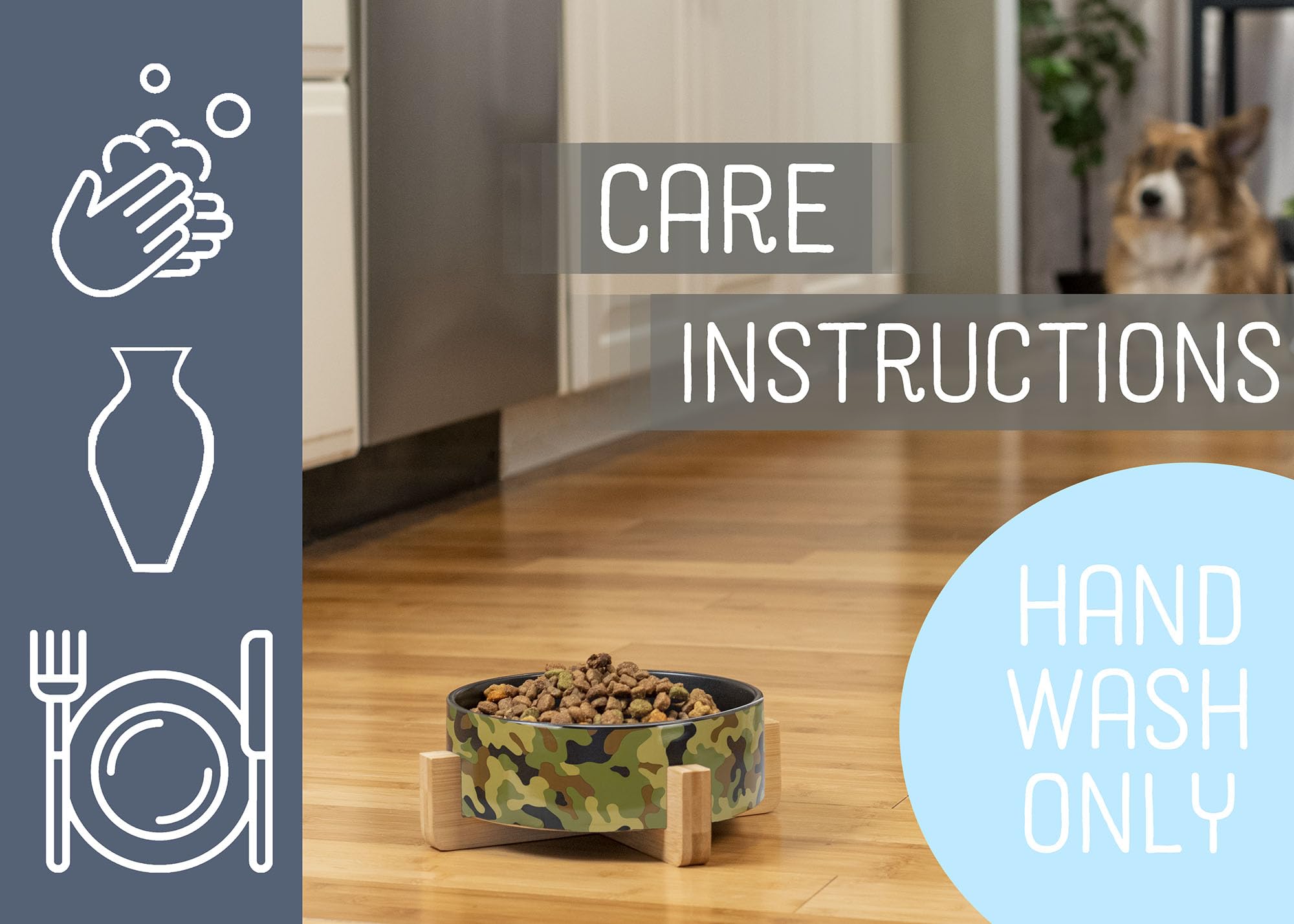 Nat & Jules Large Military Camo 8 Inch Stoneware Ceramic And Wood Pet Bowl With Stand