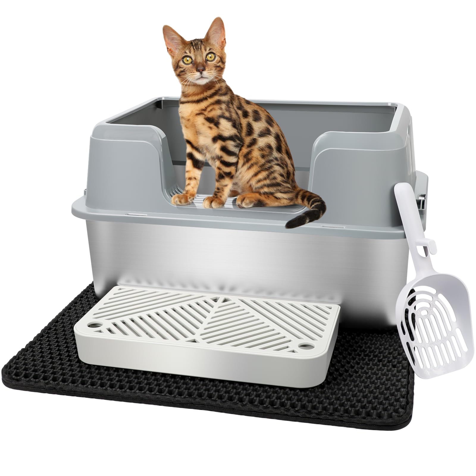 Vivifying Stainless Steel Cat Litter Box, Large Semi-Enclosed Litter Box With Lid, Anti-Leakage Metal Pan For Easy Cleaning & Od