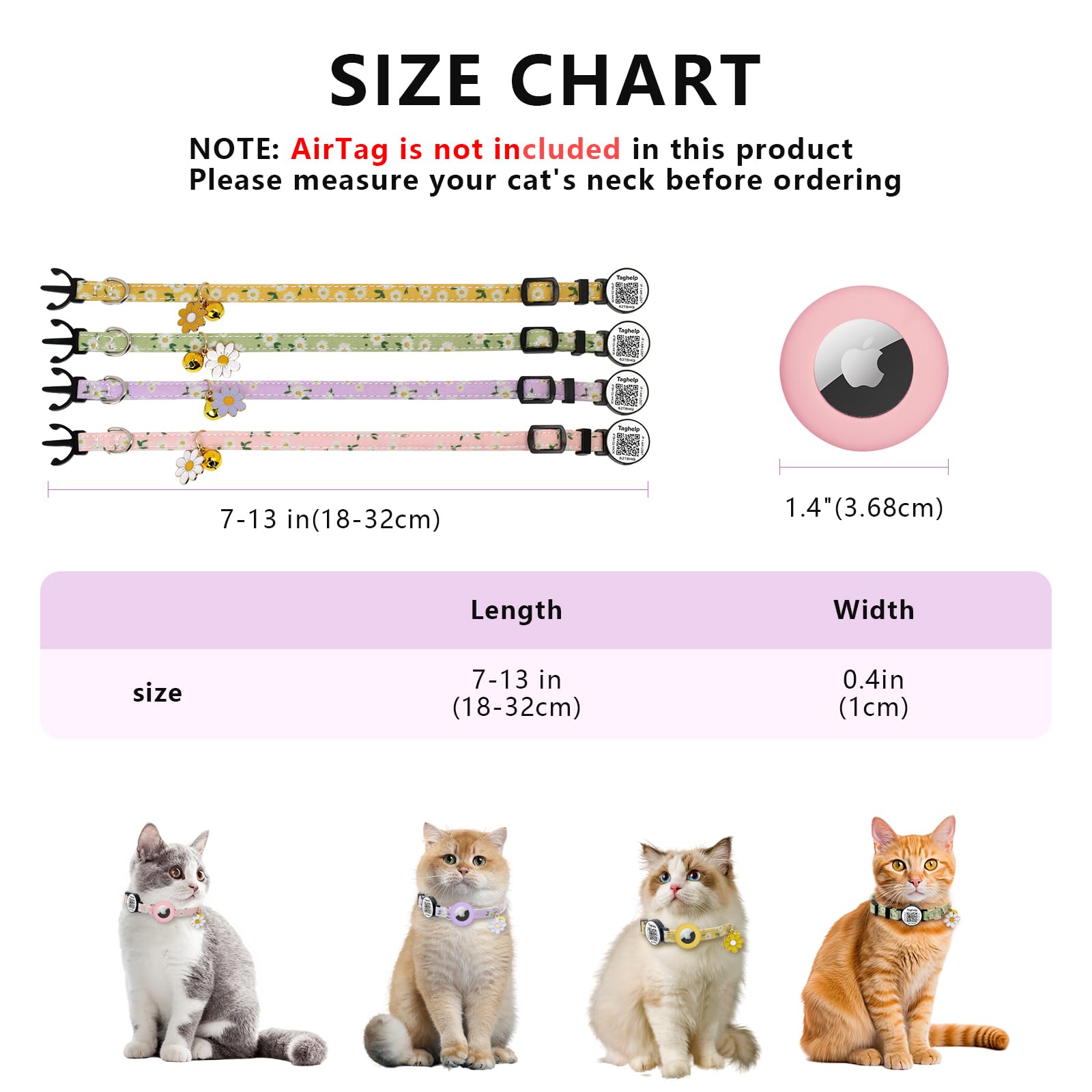 8-13In Airtag Cat Collar Lightweight And Comfortable, Bells & Flower Charm Collar Breakaway With Silicone With Apple Air Tag Hol