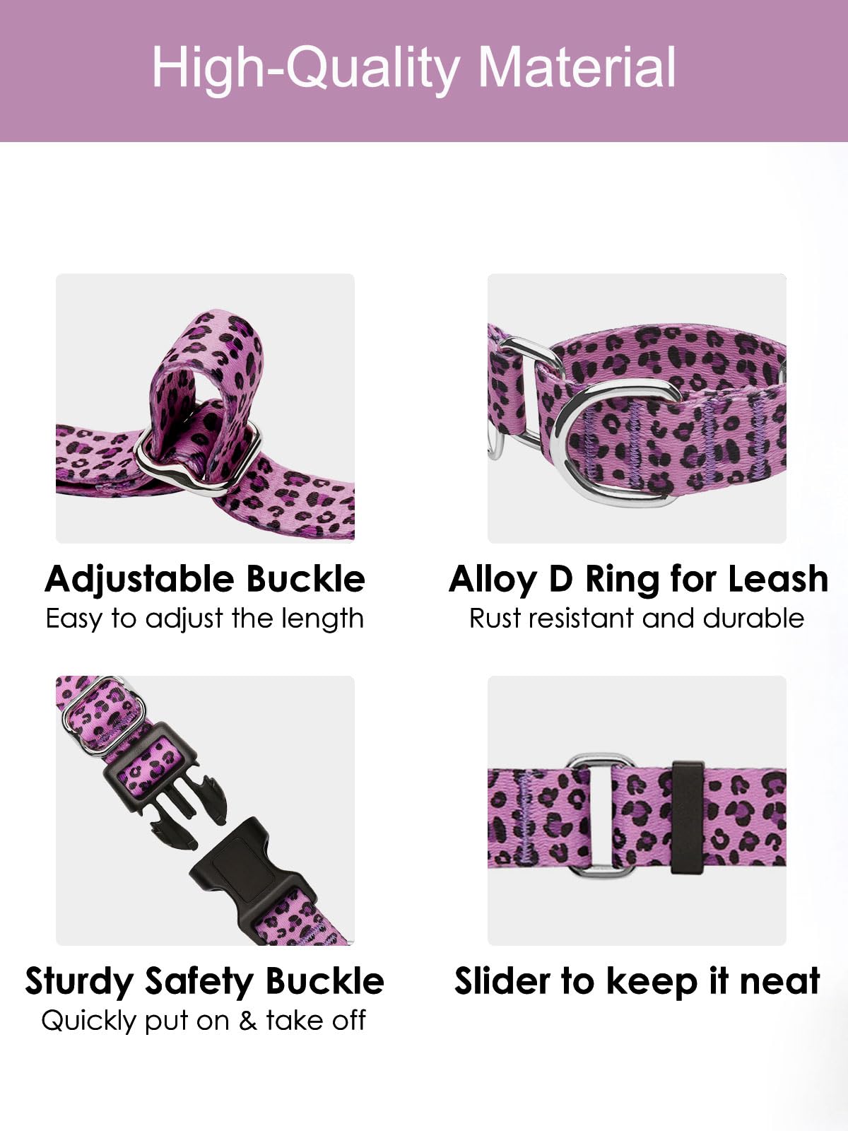 Joocpup Martingale Dog Collar With Tag Ring - Adjustable Soft Nylon No-Slip Design For Small, Medium & Large Dogs, Purple Leopar