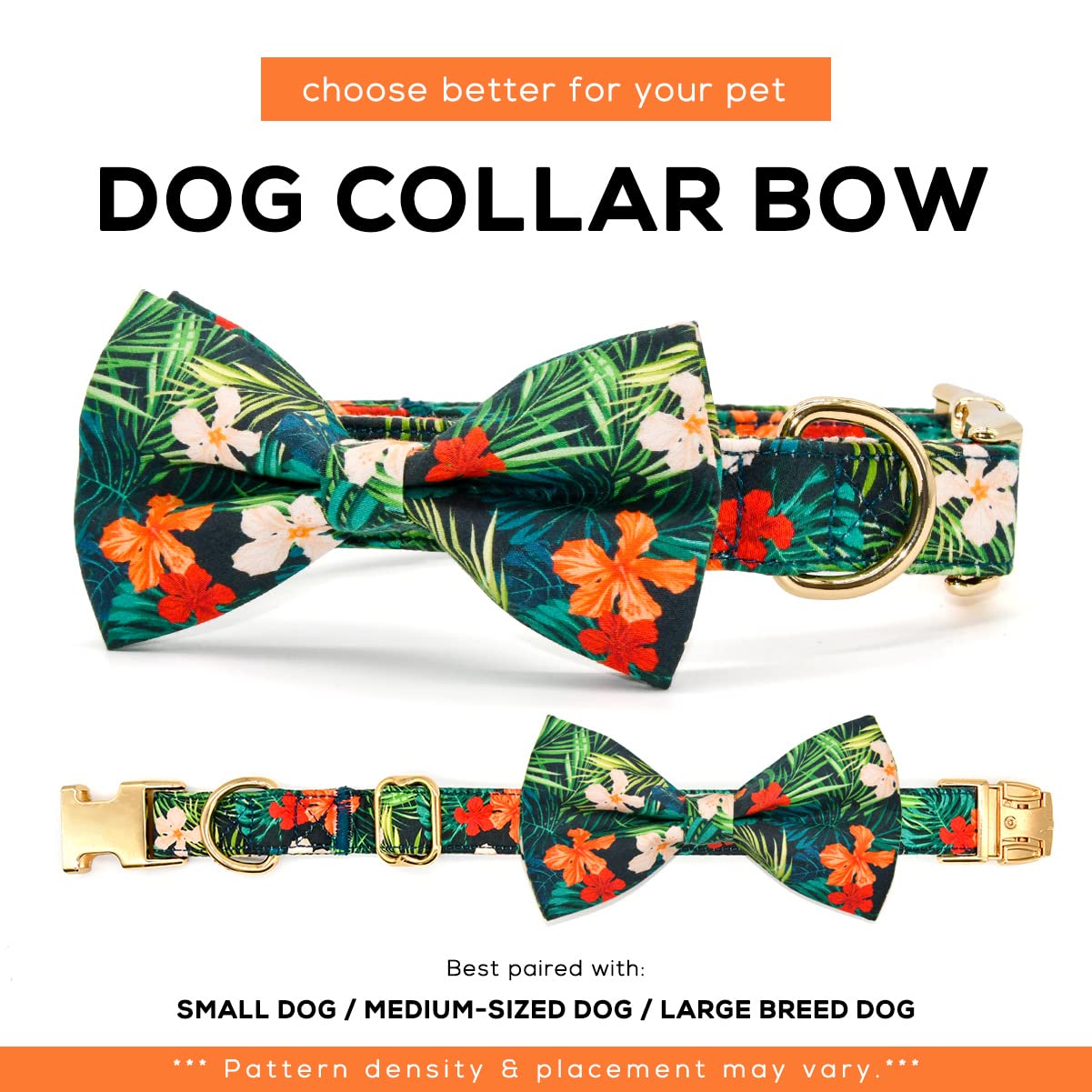 Summer Dog Collars With Bow Tie, Floral Tropical Leaf Bowtie Accessory For Dogs, Gold Metal Accessories Collars For Small Medium