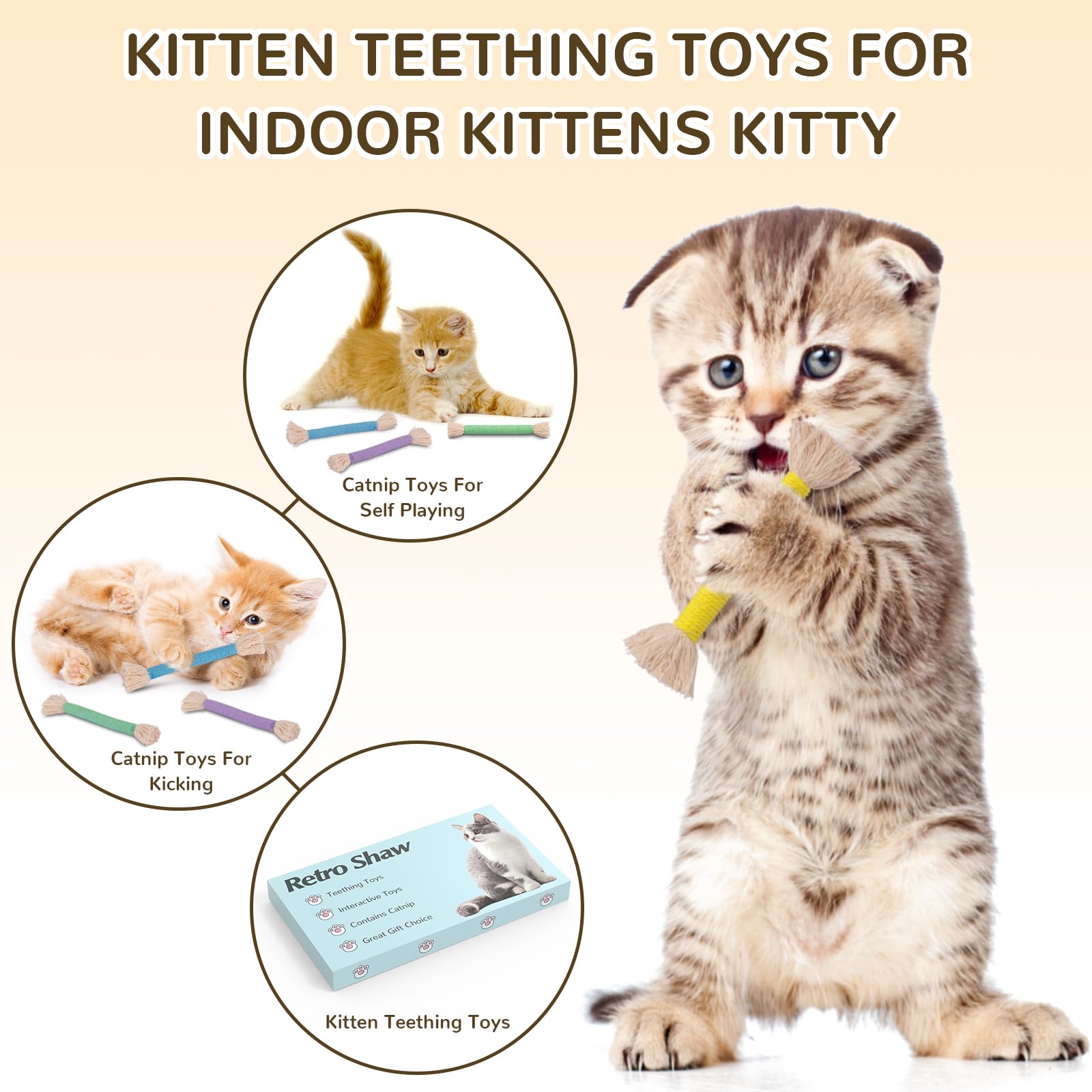 Retro Shaw Kitten Toys Cat Chew Ropes 6 Pack, Kitten Teething Toys For Indoor Cats Kitty,Catnip Kicker Sticks,Safe Cat Chew Dent