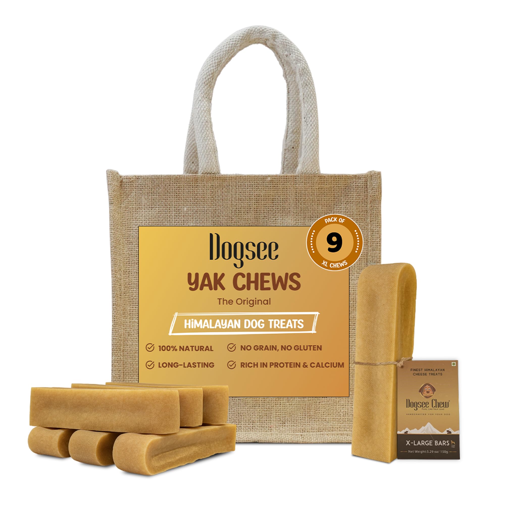 Dogsee Original Himalayan Yak Cheese Chews (XL - 9 Pieces) | Rawhide-Free | Long-Lasting | Fights Plaque & Tartar | Helps Clean 