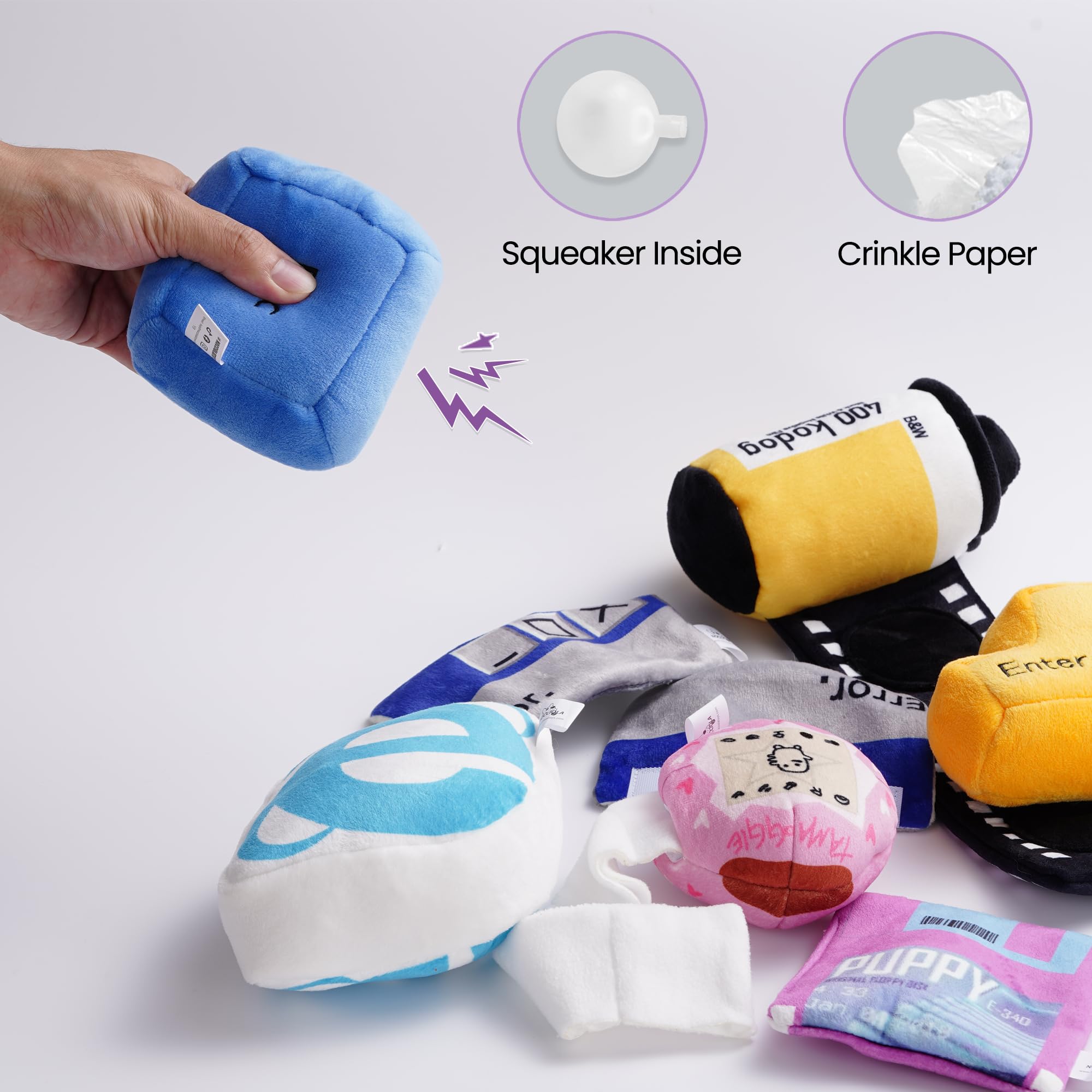 Nocciola Funny Squeaky Dog Toys, Old Tech Themed Stuffed Plush Puppy Toy Set With Hidden Treat Pockets, Cute Crinkle Chew Toys F