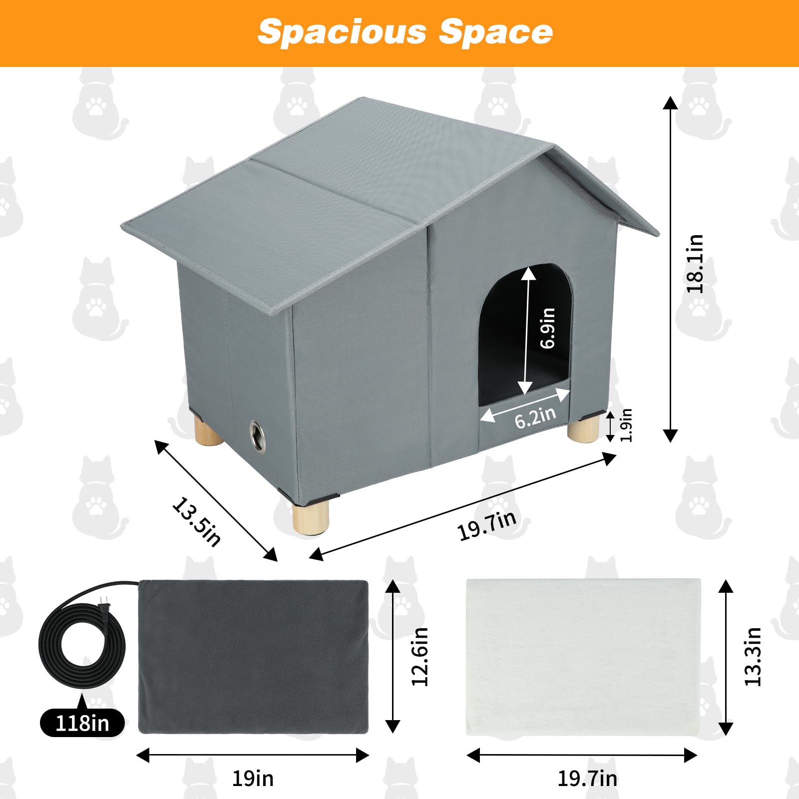 Midollarle Elevated Heated Cat House, Waterproof, Insulated, 19.7"W x 13.4"D x 18.1"H, Grey, with Thermostatic Heating Pad