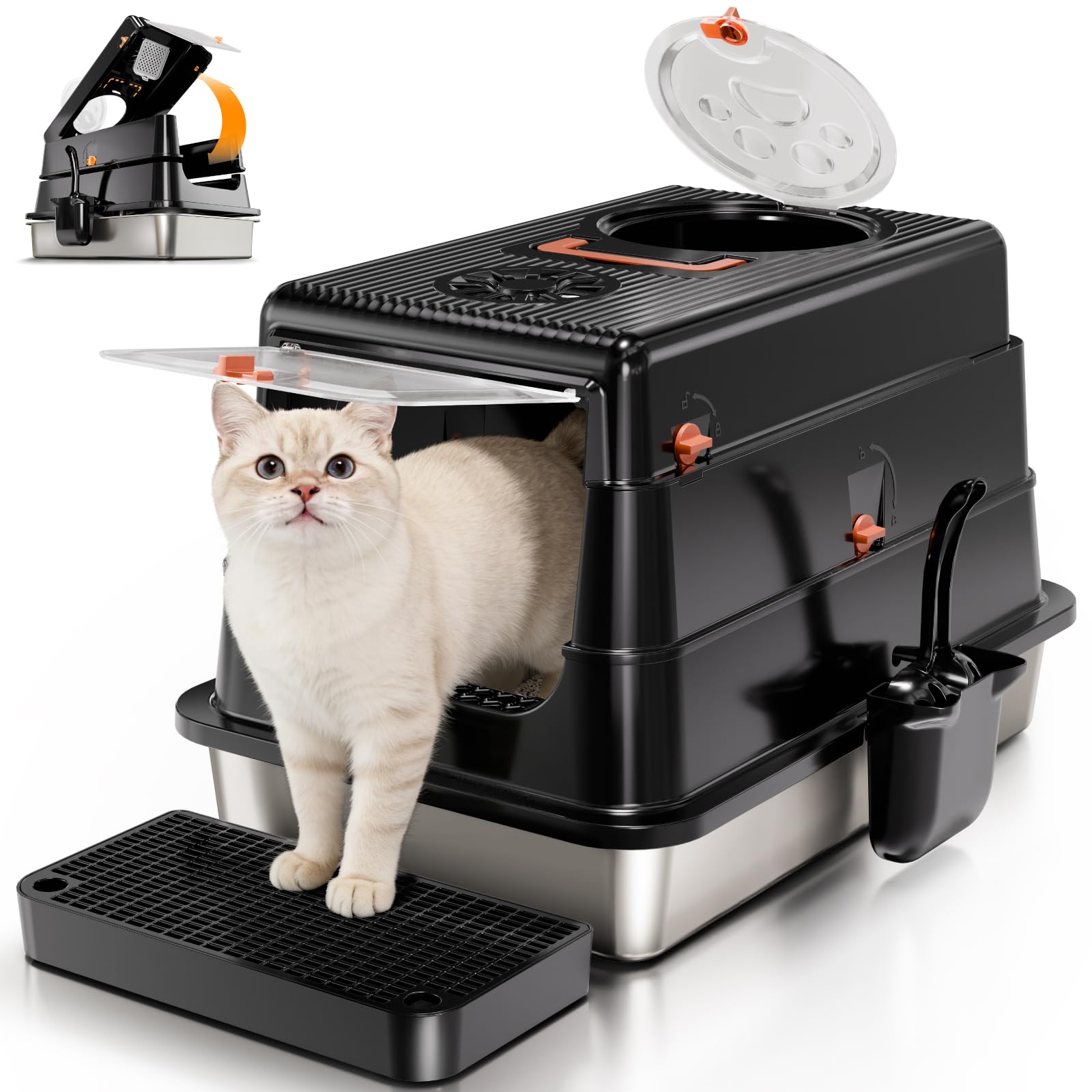 Eosarcu Stainless Steel Cat Litter Box with Lid, Enclosed Extra Large Metal Litter Pan for Big Cats, Full Flip Cover High Sided 